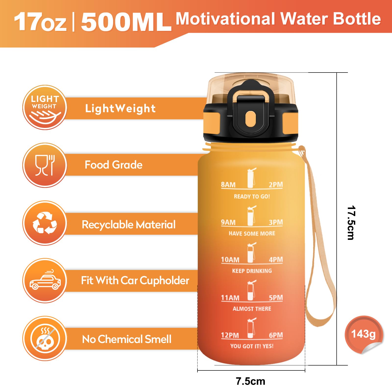 Borraccia 500ml, Bottiglia con Indicatore del Tempo Motivazionale, Bottiglia con Cannuccia, Riutilizzabile, Borraccia senza BPA, A Prova di Perdite, per Bambini, Scuola, Ufficio, Gym, Picnic