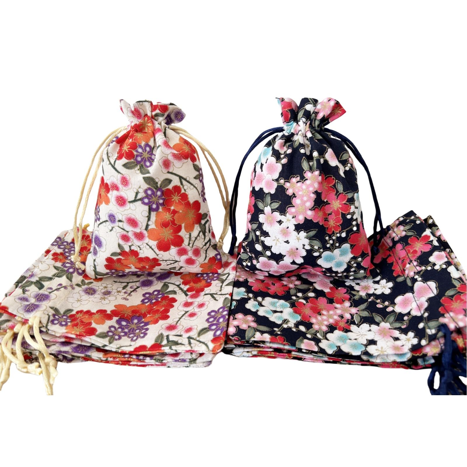 Daihellenstone 20 Pack 4×5.6 Inch Cotton Fabric Storage Bags with Drawstring,Navy Ivory Reusable Cloth Floral Bags for Party Supplies