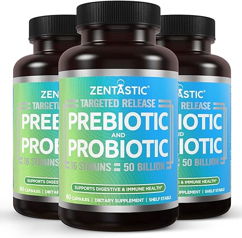 Zentastic Suplemento de probióticos y prebióticos – 50 mil millones de UFC – para hombres y mujeres salud inmune y digestiva – 16 cepas – estable –