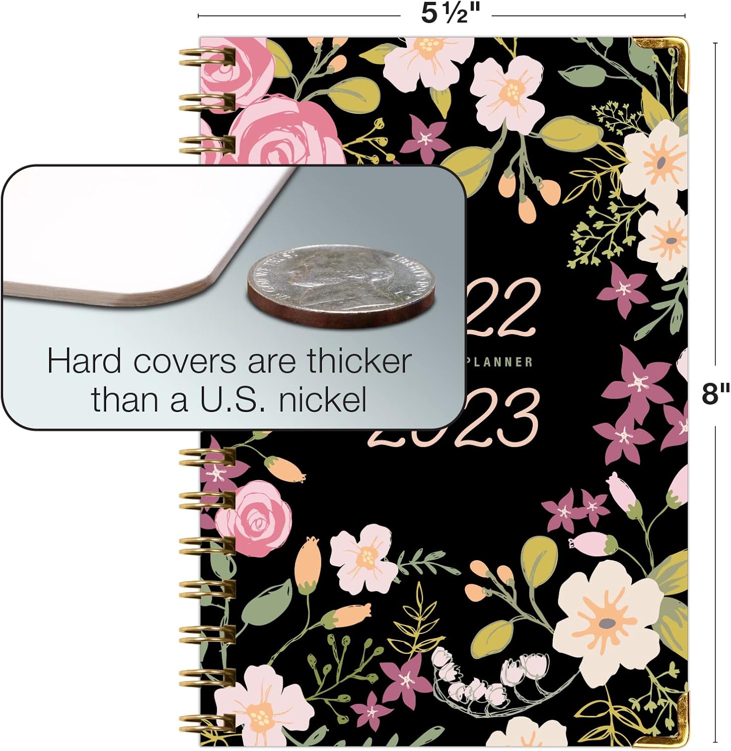HARDCOVER Academic Year 2022-2023 Planner: (June 2022 Through July 2023) 5.5"x8" Daily Weekly Monthly Planner Yearly Agenda. Bookmark, Pocket Folder and Sticky Note Set (Black Floral Pink) : Office Products