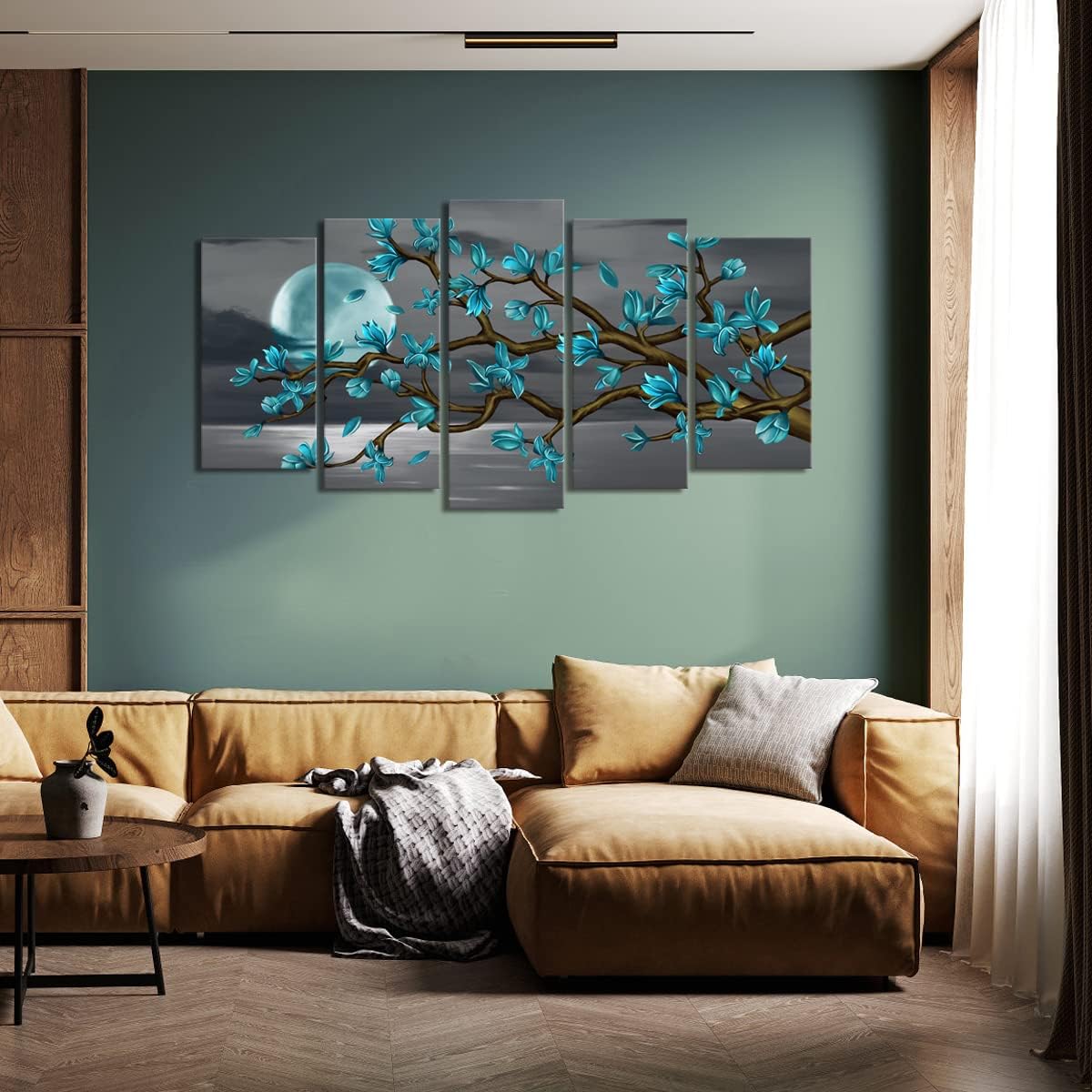 Visual Art Decor Turquoise Flower Tree Wall Art Large Canvas Wall Art Framed for Living Room Bedroom Teal Bedroom Decoration, Large 5 Pieces, Overall 60inchx32inch