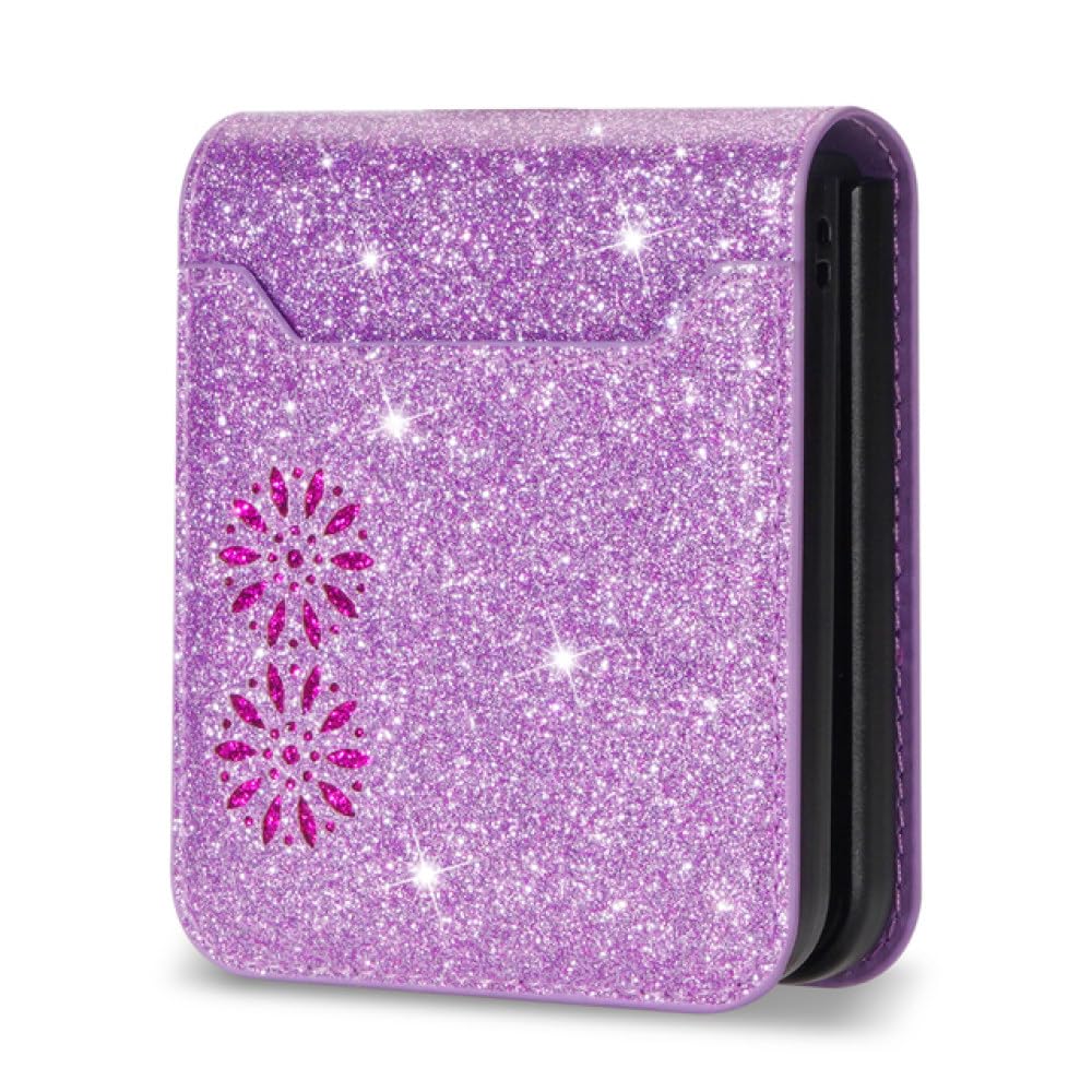 Dla Flip5 Flip4 Flip3 5G Glitter Bling Protection Etui na telefon do Samsung Galaxy Z Flip 5 4 3 5G Portfel z uchwytem na karty Skórzana osłona, fioletowa, do Galaxy Z Flip 4