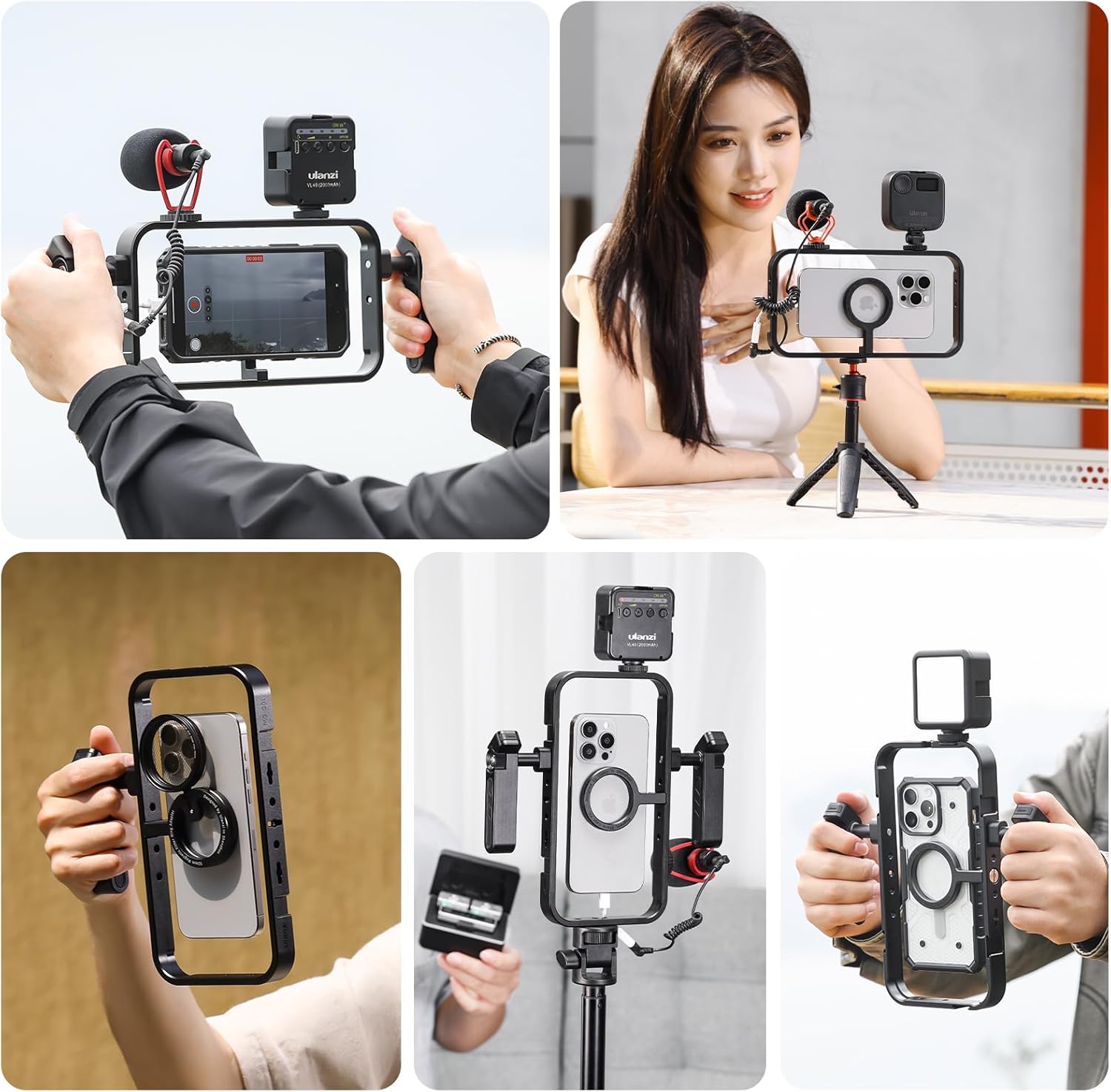 Collage of various usage scenarios for the phone rig, including handheld filming, tripod mounting, and different accessory setups.