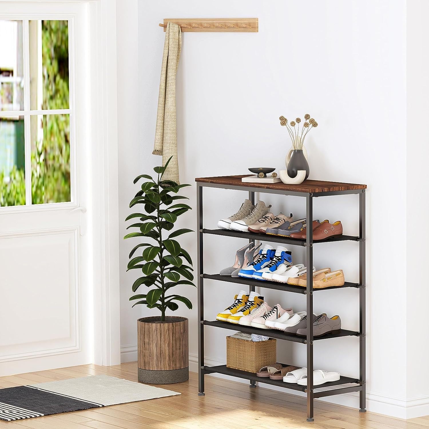 5-Poziomowy Regał na Buty, Metalowy Organizer do Przechowywania Butów, Regał do Przechowywania Butów, Nowoczesny Stojak na Buty z Półką z Tkaniny do Łazienki, Sypialni, Kuchni