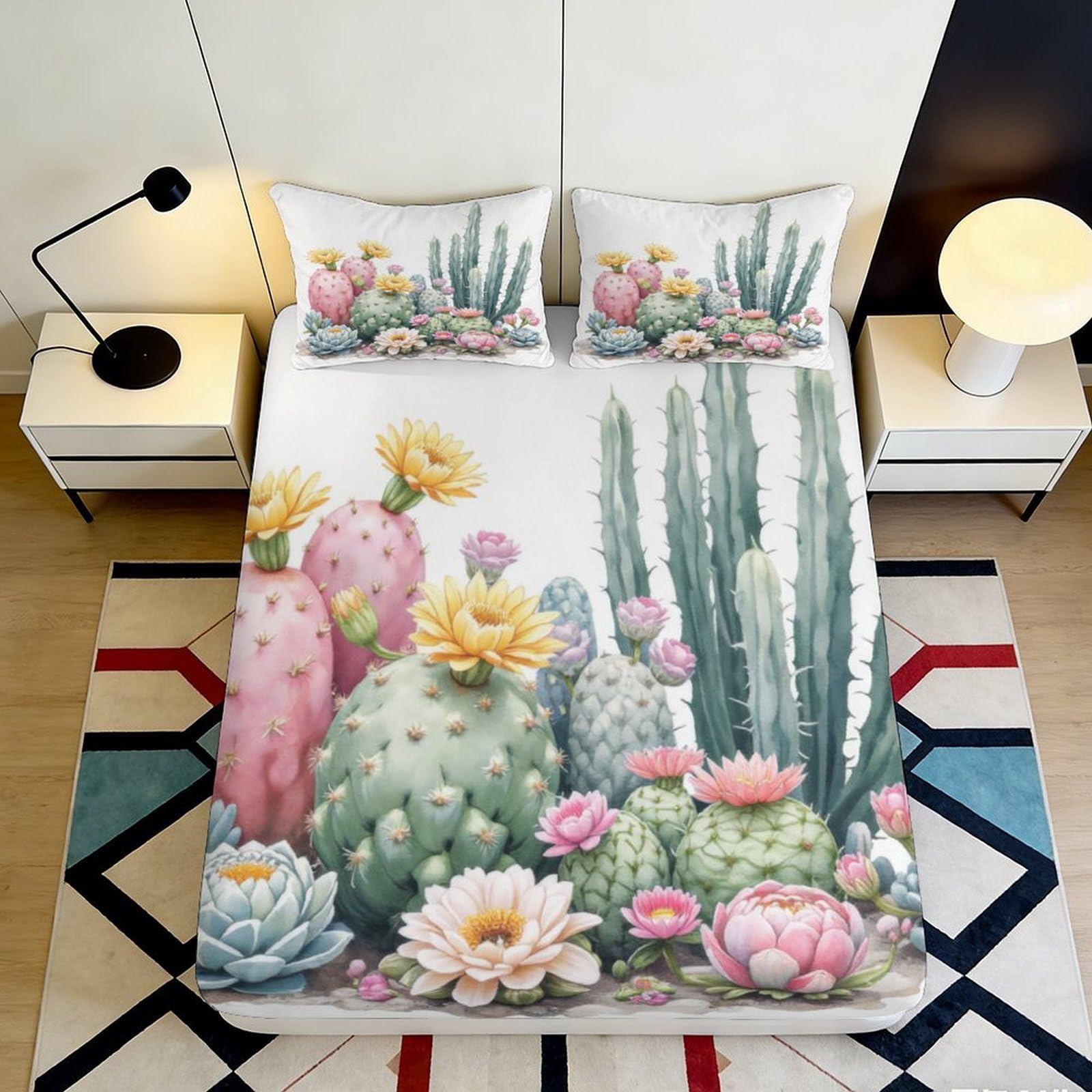 3D Printed Cactus Flower Fitted Sheet Microfiber Soft Green Succulent Bed Cover for Bedroom Guest Room Decor 90x200x25cm