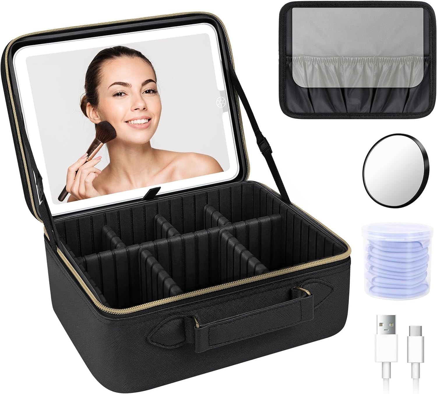 JUSRON Travel Makeup Bag with LED Mirror-3 Colors Modes, Portable Cosmetics Organizer with Adjustable Dividers Compartment, Light Up Vanity Case&Makeup Storage for Women with Makeup Accessories