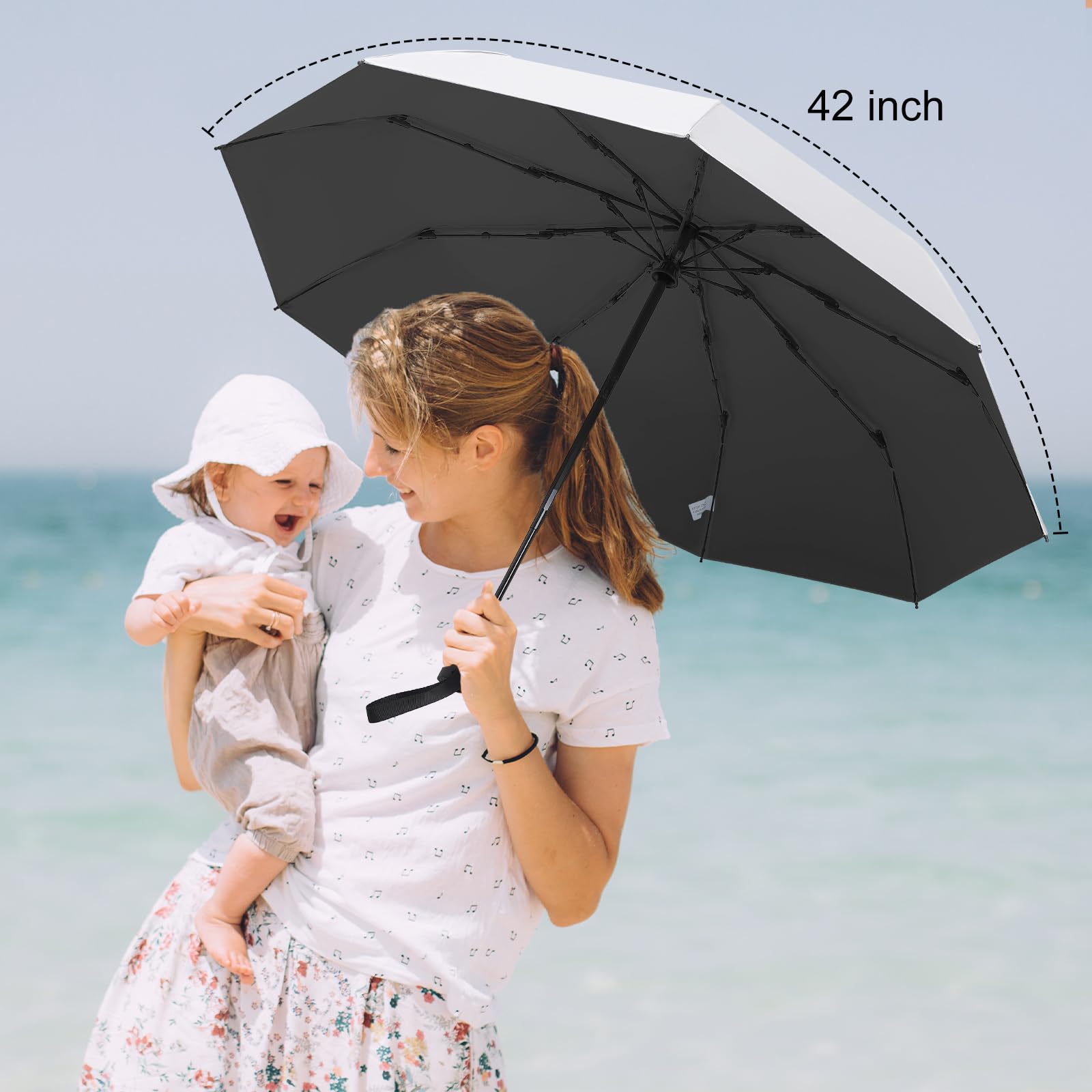 Sombrilla de viaje con protección solar UPF 50+ para protección solar, protección UV para caminar (negro) 5