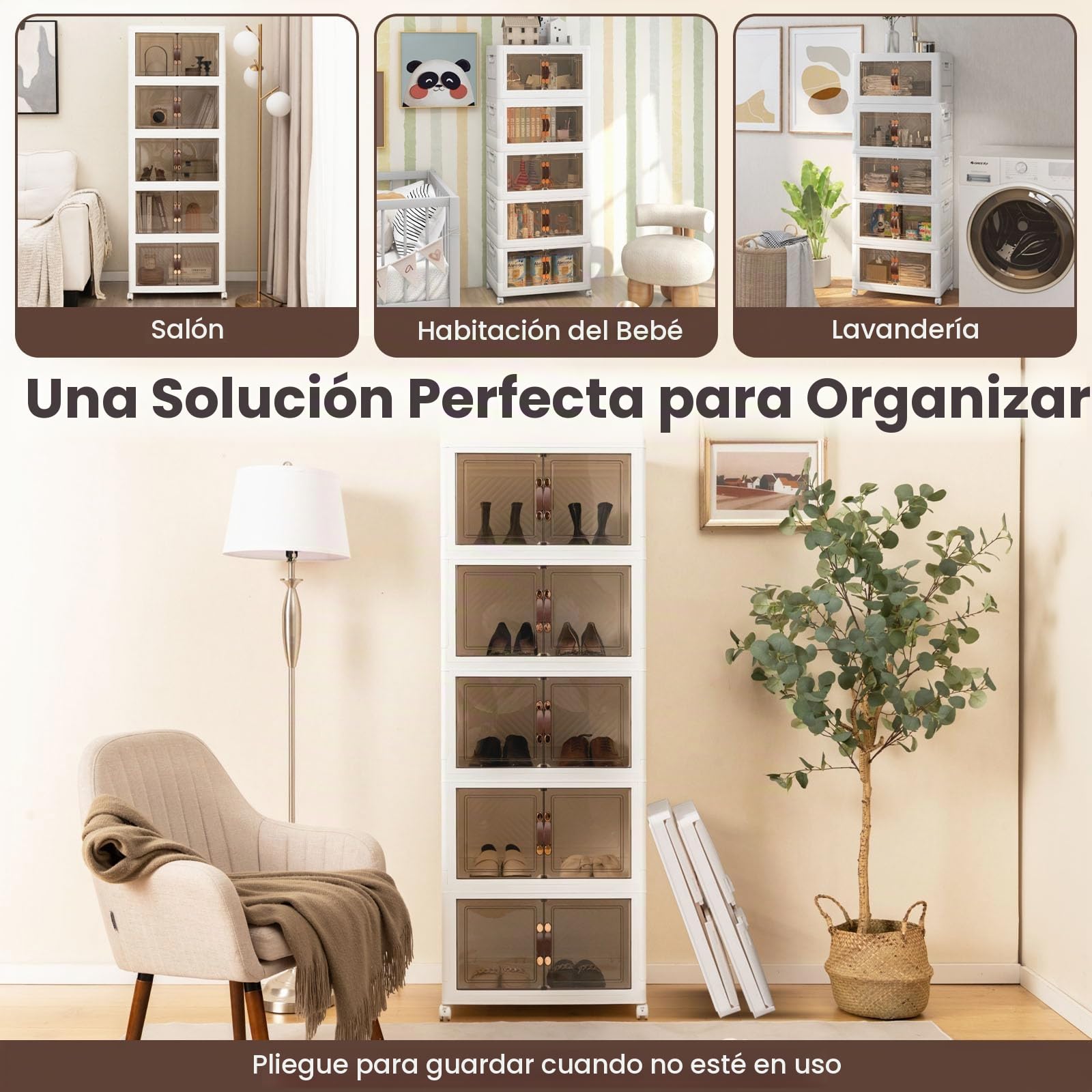 GOPLUS Cajonera de Almacenamiento Apilables Blanca con Cajones, Caja Organizador de PP con Ruedas, Asa, Tapa y Puertas para Sala de Estar, Dormitorio, Estilo Moderno (59,5 x 37,5 x 169 cm)