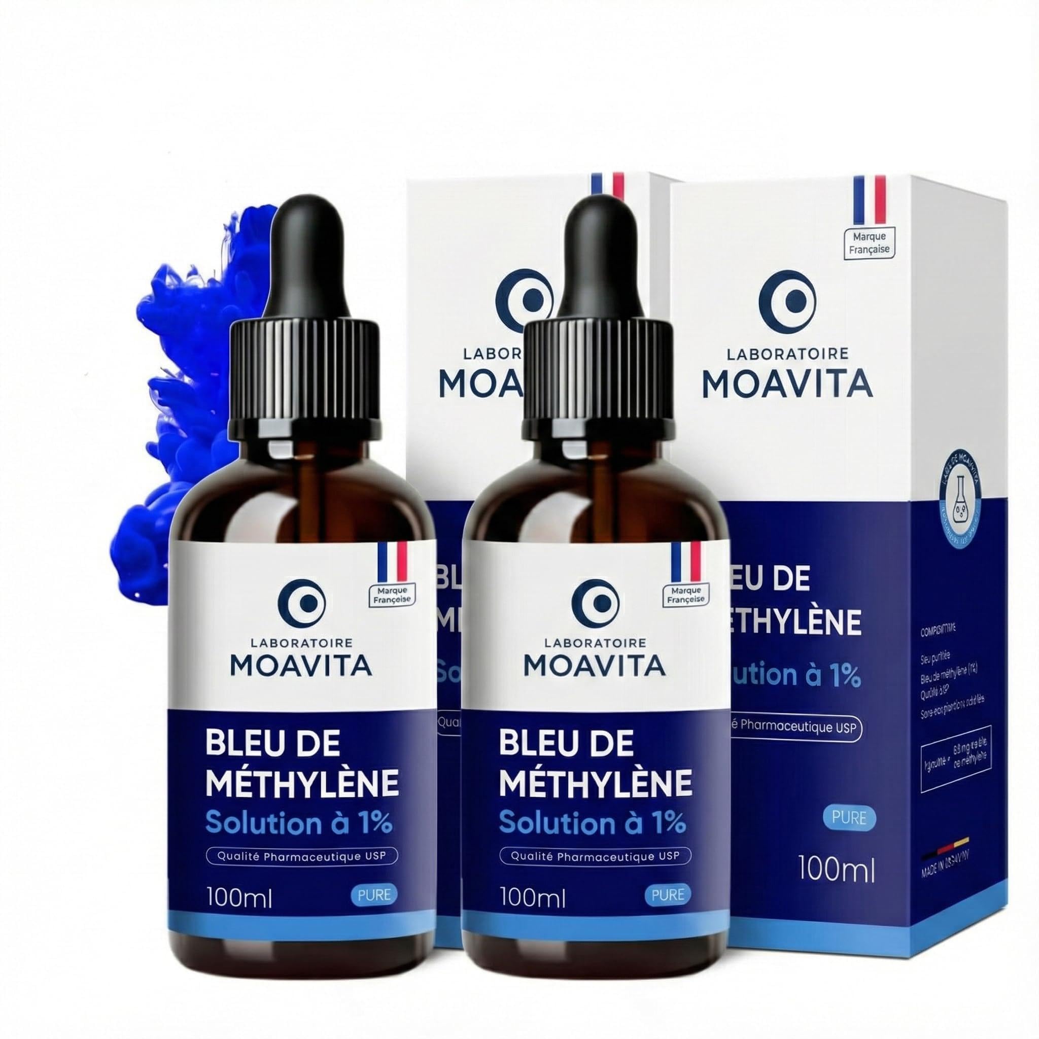 Bleu de Méthylène 1% – Lot de 2 x 100ml (200ml) - Solution Pure | Ultra Haute Pureté USP ≥99% | Fabriqué et Testé en Allemagne | Flacon Verre Ambré avec Pipette