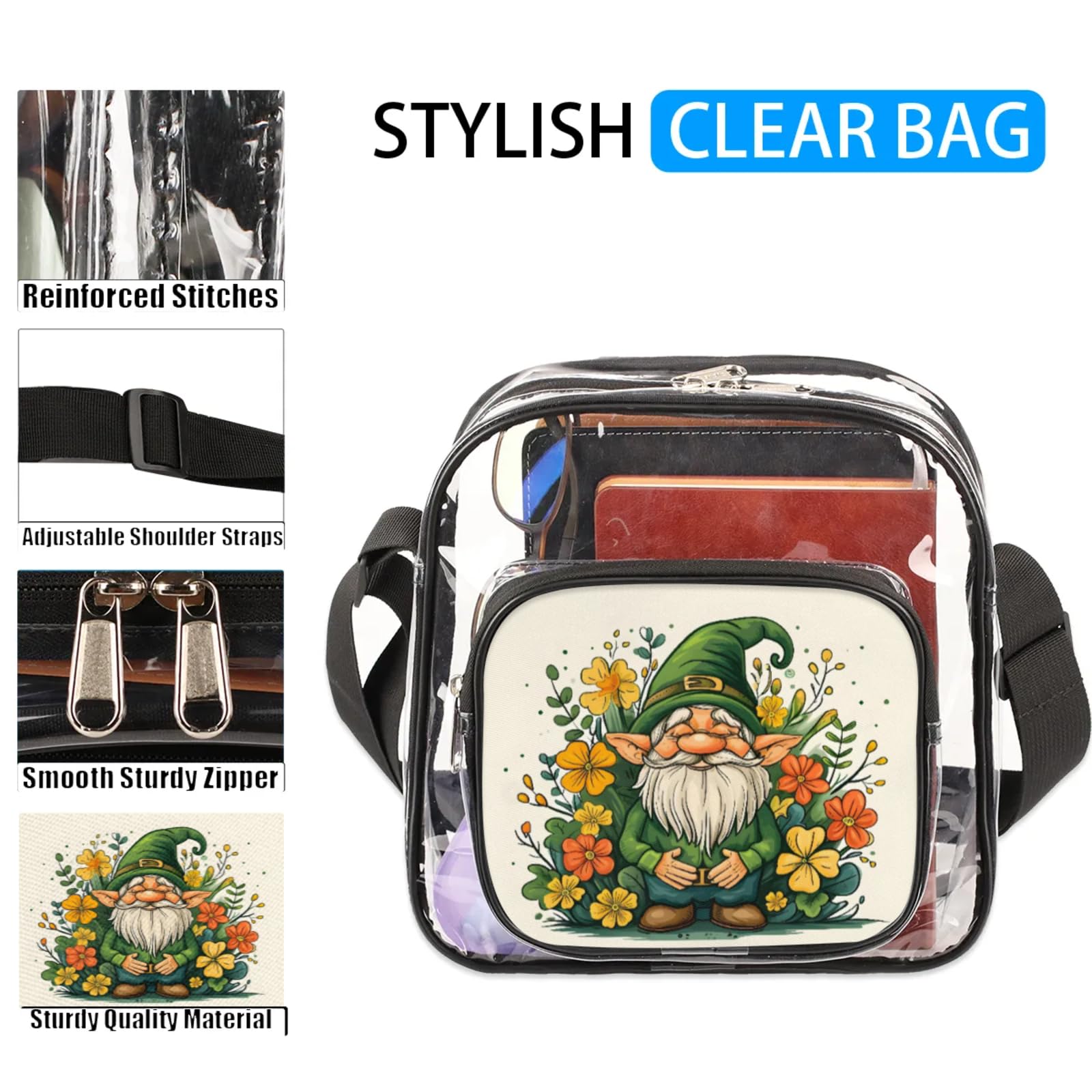 Clear Crossbody Bag Stadium Approved Swedish Tomte Transparent Bag for Festivals, Sports Events, Concerts,Beach Bag for Women Men Floral Clear Purse with Front Pocket Messenger Bag