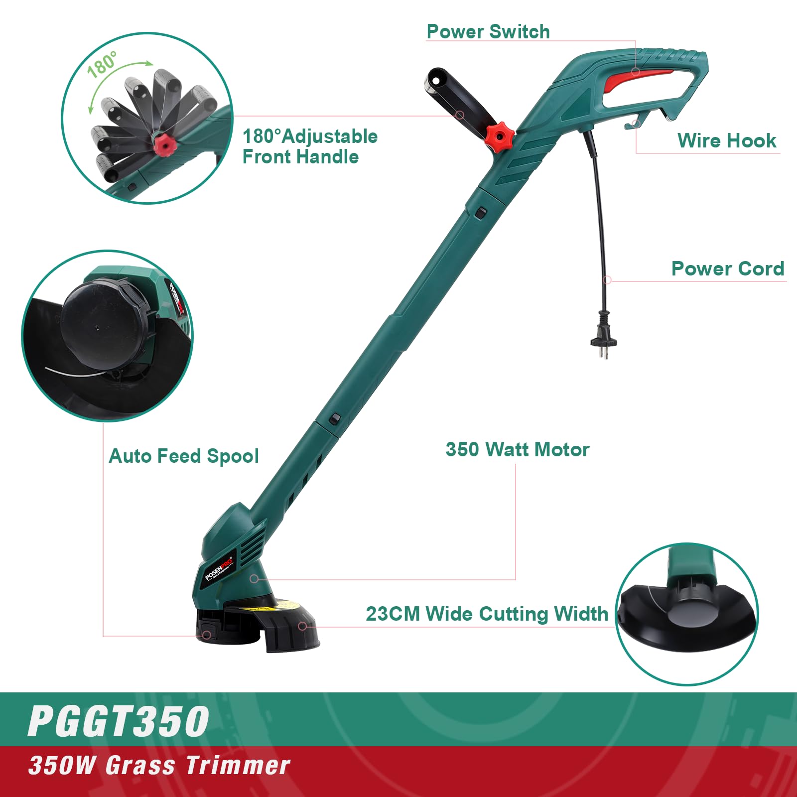 POSENPRO 350 Watt Elektro Rasentrimmer, Elektro-Trimmer mit 230 mm Schnittkreis, Gartentrimmer mit Automatischer Fadenvorschub, 12500R/min Rasentrimmer für Rasen Garten Beschneiden