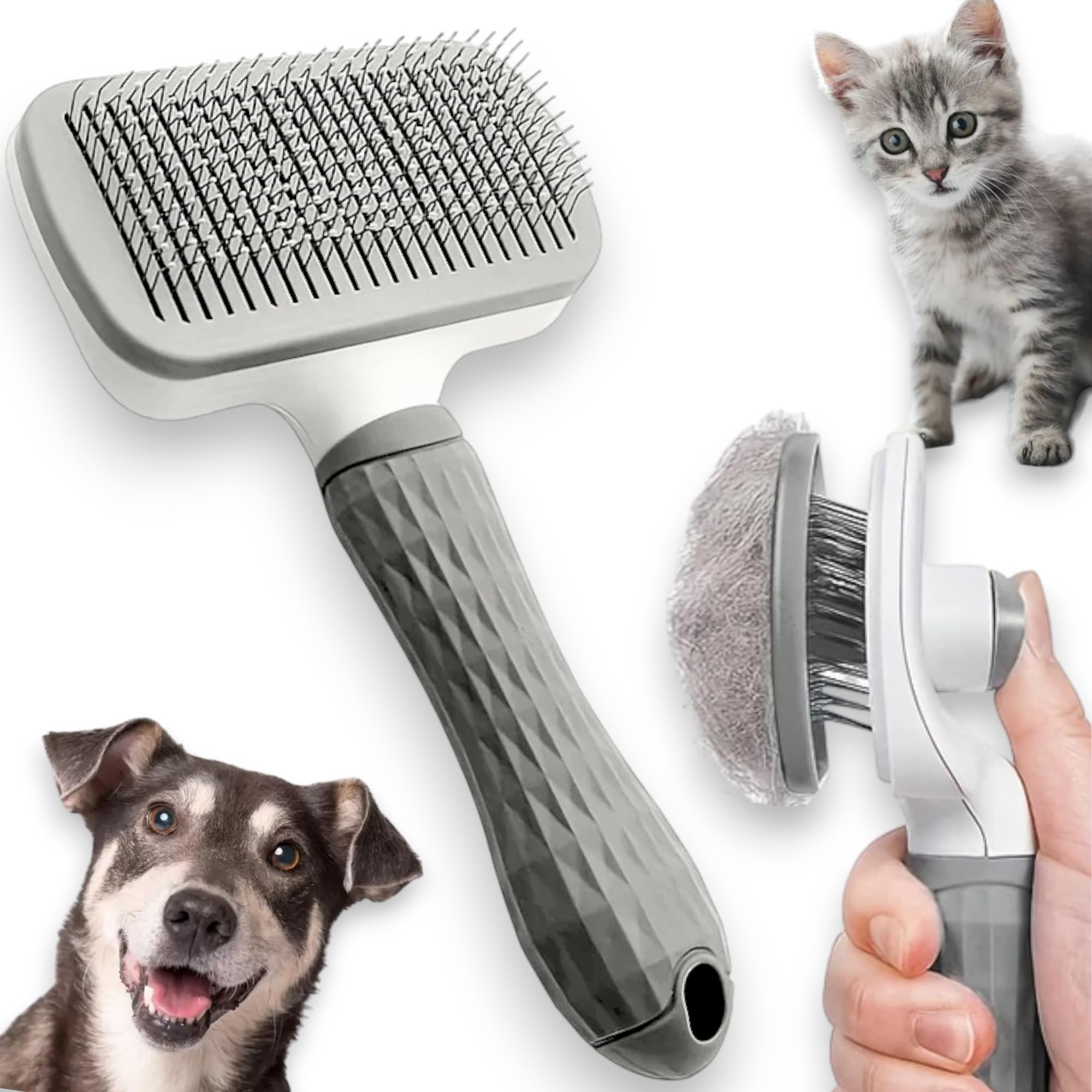 BLOCKBAT Cepillo para Perros y Gatos, Elimina el Pelo Muerto, Sistema Autolimpiante, Antiestático y Lavable, Respetuoso con la Piel, Cepillo Perro, Gatos accesorios, Perros Accesorios (Gris)