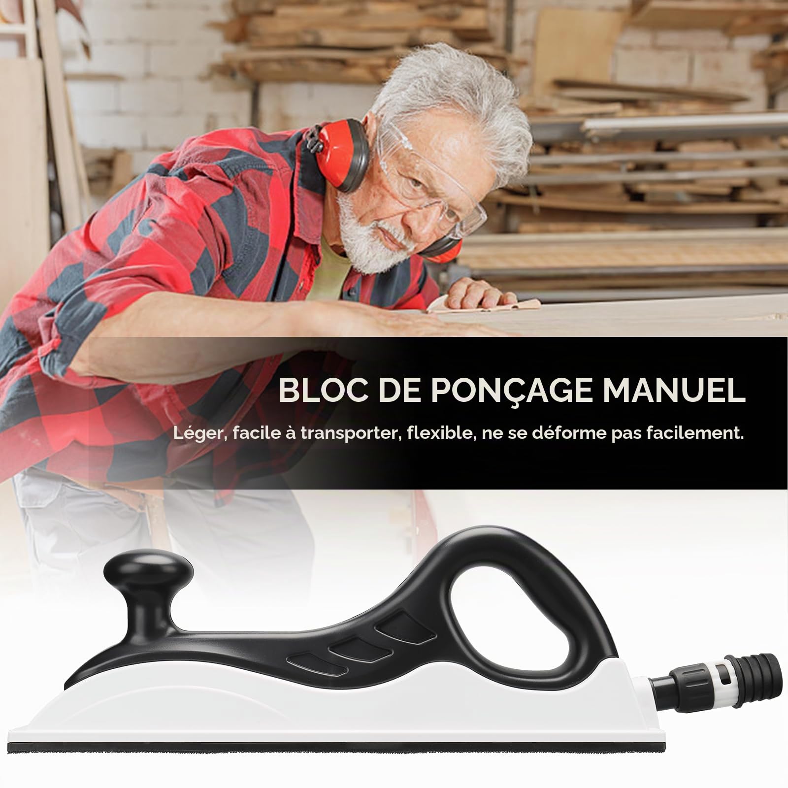 Ponceuse manuelle avec aspiration, 400 x 70 mm, longueur supplémentaire, avec 5 bandes abrasives en maille grain P80, P120, P180, P240, P400, ponçage sans poussière