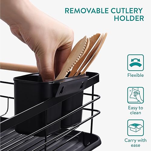 Miniatura 10 de Navaris Dish Drainer Rack - Plate, Silverware, Pots and Pans Drying Rack for Kitchen with Beechwood Handles - Modern Retro Design Drip Tray - Black