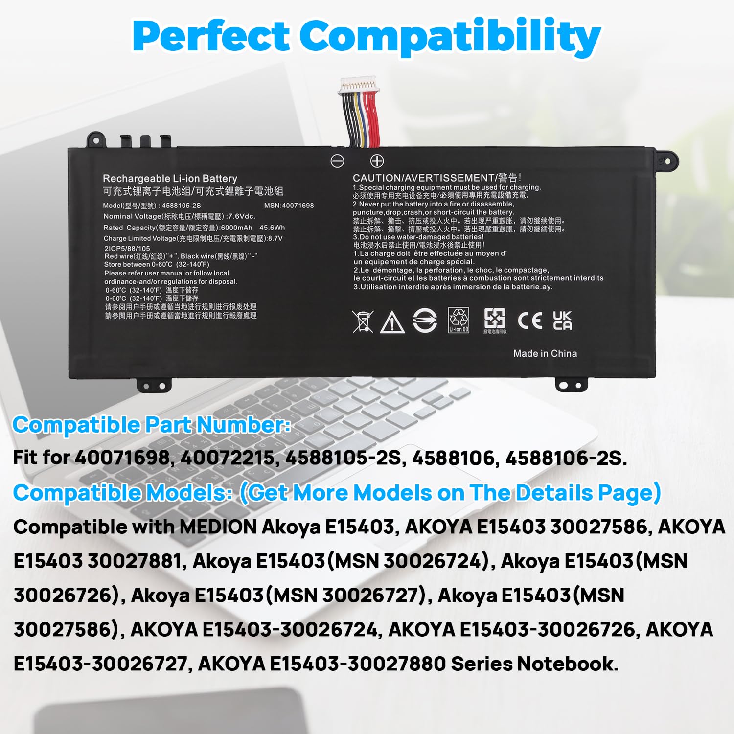 4588105-2S 40071698 Bateria kompatybilna z Dynabook Satellite Pro C50-H C50-E C50D-B C40-G C40-H C50-H-108 C50-H-103 C50D-B-115, MEDION Akoya E15403, 4588105-2S 007222 15 4588106 4588106 2S [7,6 V