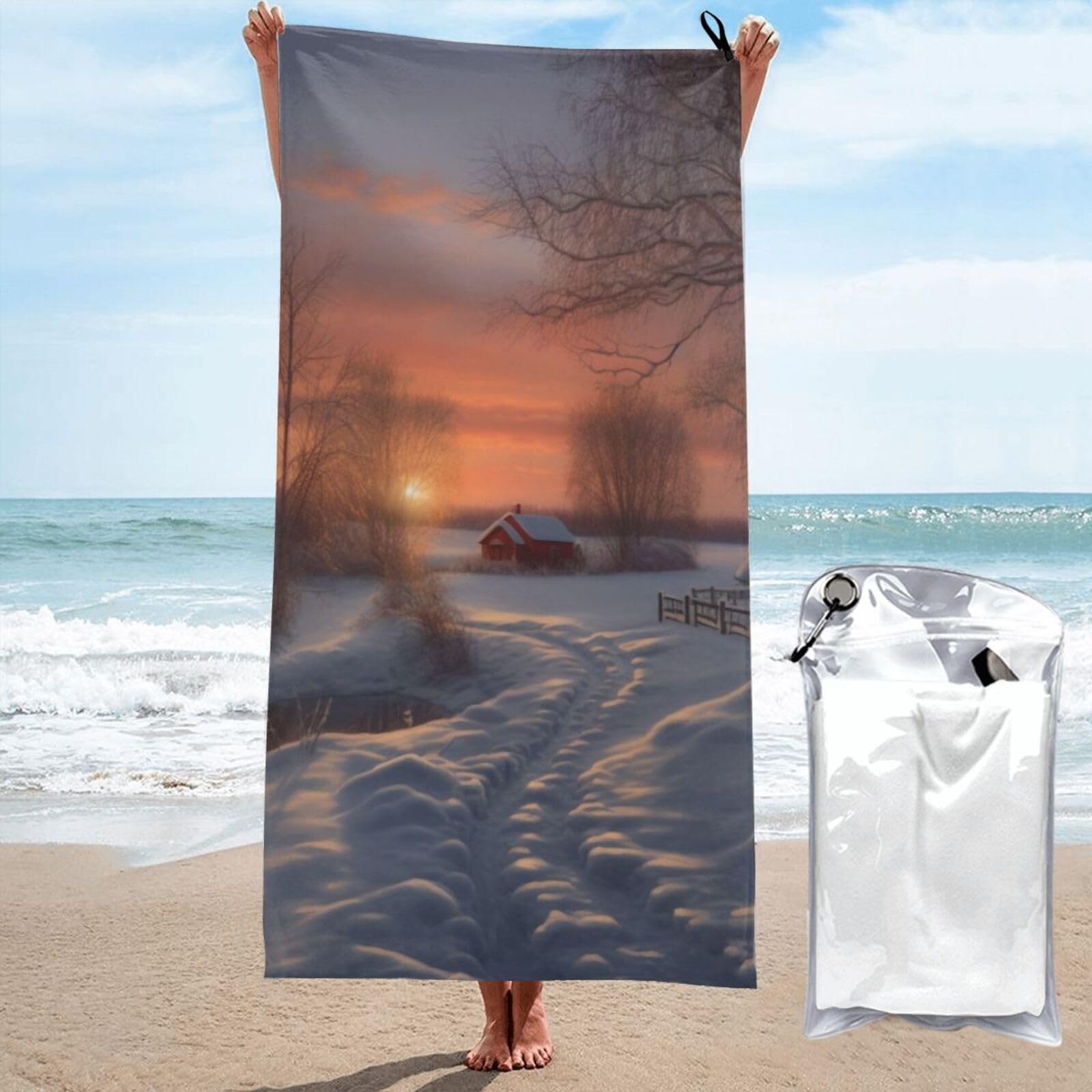 BWWHCCTI Winter Sunset Printed Microfiber Quick Dry Beach Towel 80x160 CM, Fast Drying Bath Towels with Bags for Travel,Camping,Gym,Beach,Swimming,Yoga