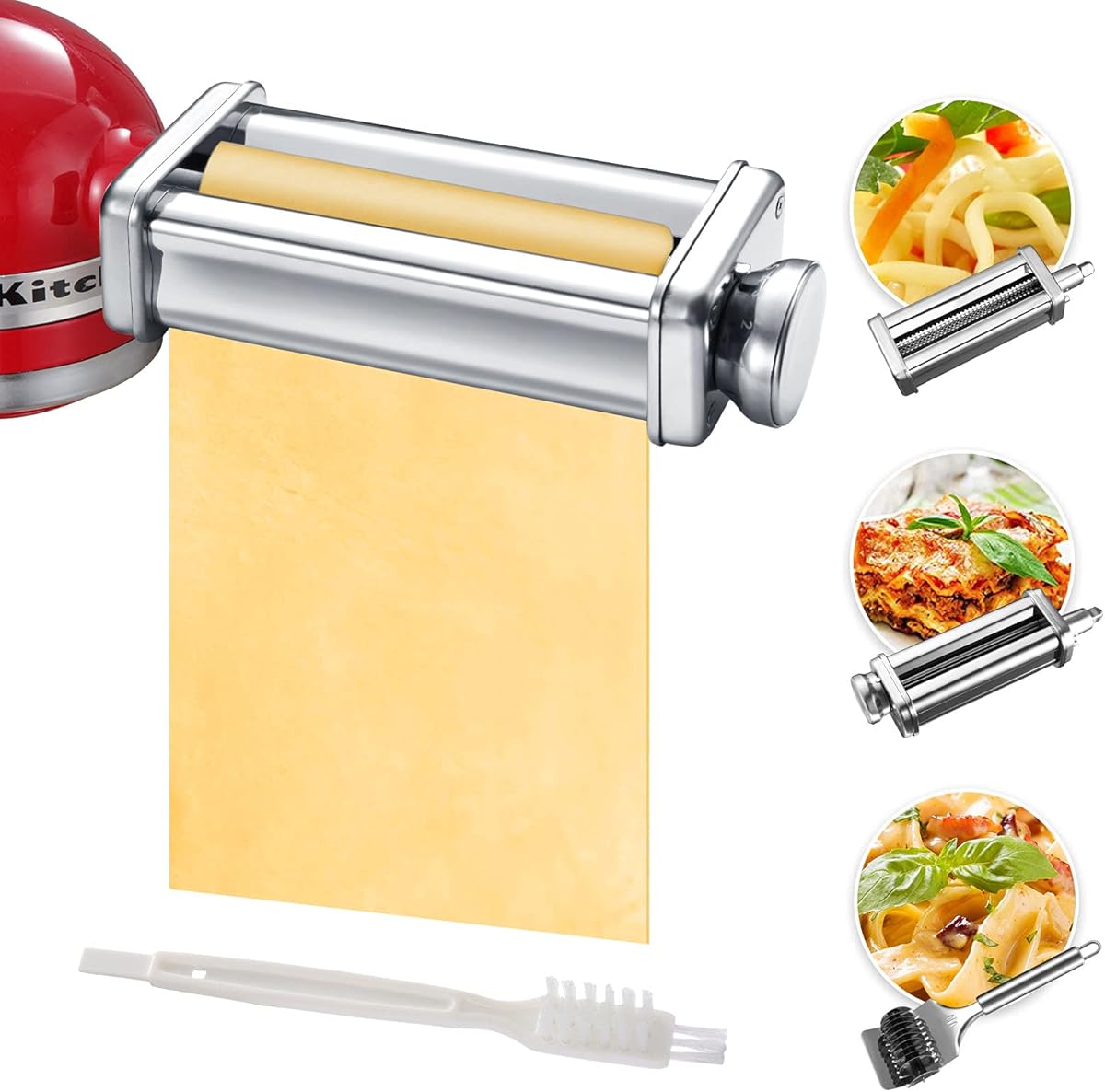 Pasta Maker Attachment Set for KitchenAid Stand Mixers Included Noodle Lattice Roller, Spaghetti Cutter, Pasta Roller and Cleaning Brush