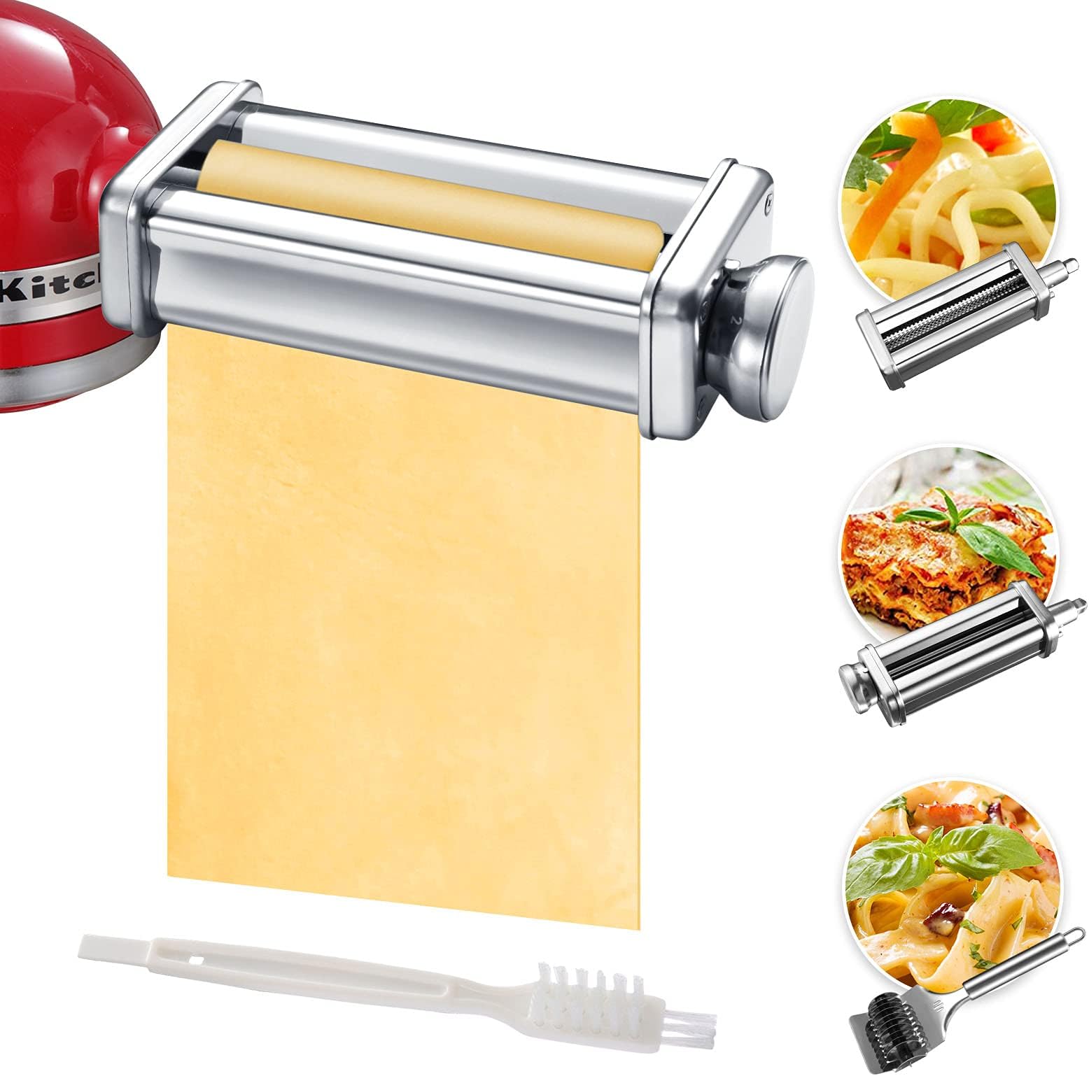 Gdrtwwh Pasta Maker Attachment Set, Pasta Machine for KitchenAid Stand Mixers Included Noodle Lattice Roller, Spaghetti Cutter, Pasta Roller and Cleaning Brush