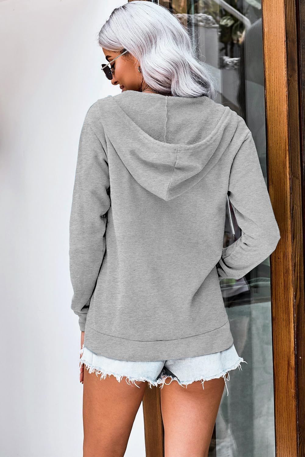 WROLEM Women Casual Full Zip Up Hoodie Comfy Loose Long Sleeve Sweatshirt Solid Color Jacket with Pockets - Image 5