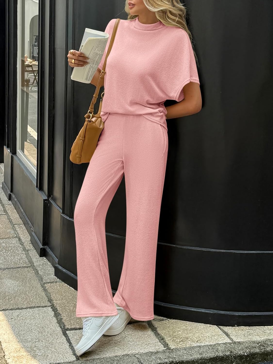 Cicy Bell Womens 2 Piece Lounge Sets Casual Batwing Short Sleeve Knit Sweater Loose Wide Leg Pants Travel Outfits - Image 6