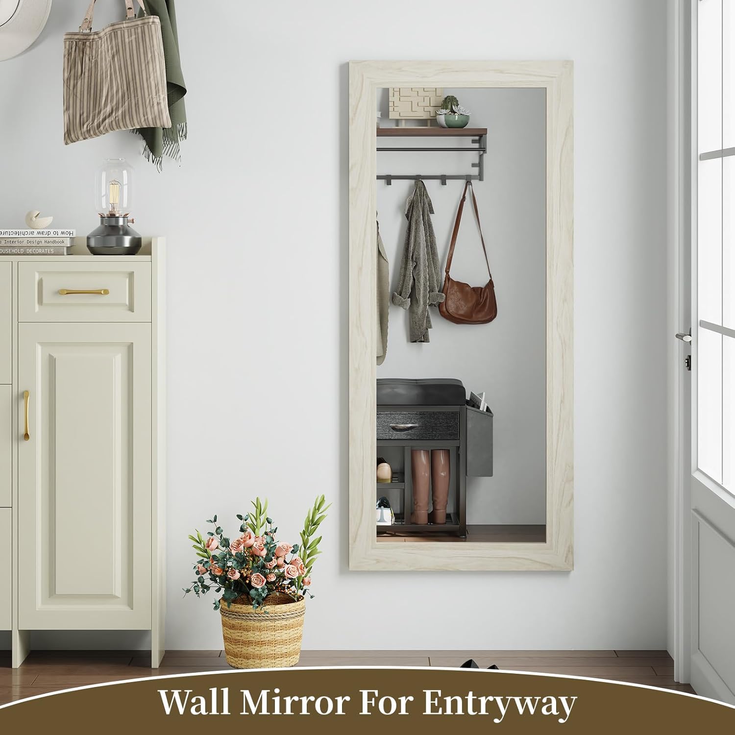 Syndra Modern Full Length Mirror Wood Frame, 56x20'' Large Floor Mirror with HD Tempered Glass & Wall Mount Option, Rectangular Standing Mirror for Bedroom, Living Room, Entryway, Farmhouse(Off-White)