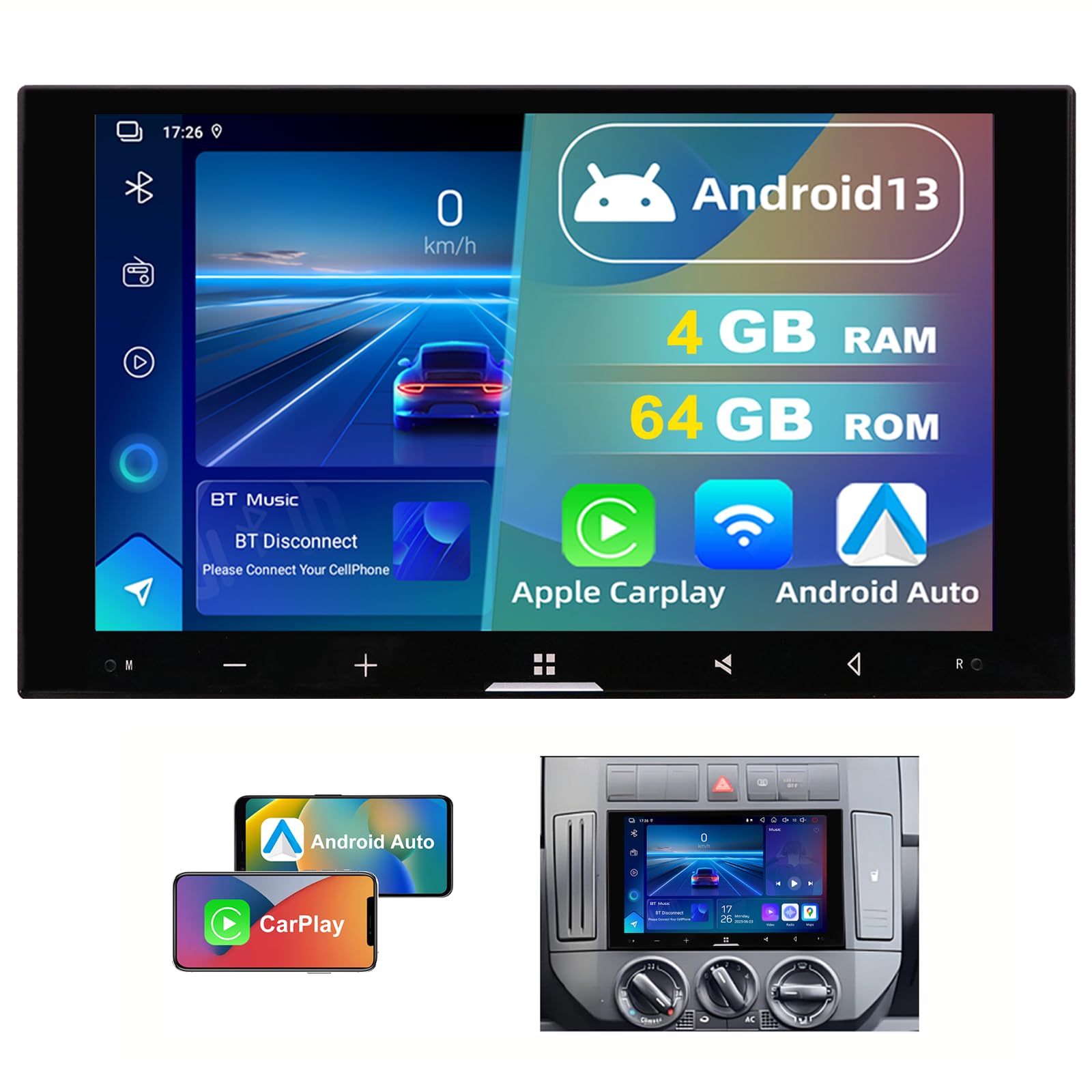 4GB+64GB Android Autoradio für Volkswagen Polo 9N 9N3 2001-2009 2 Din, 7 Zoll QLED Bildschirm mit Wireless CarPlay & Android Auto, 1080P Rückfahrkamera, GPS, WiFi, Bluetooth, DSP AM RDS USB