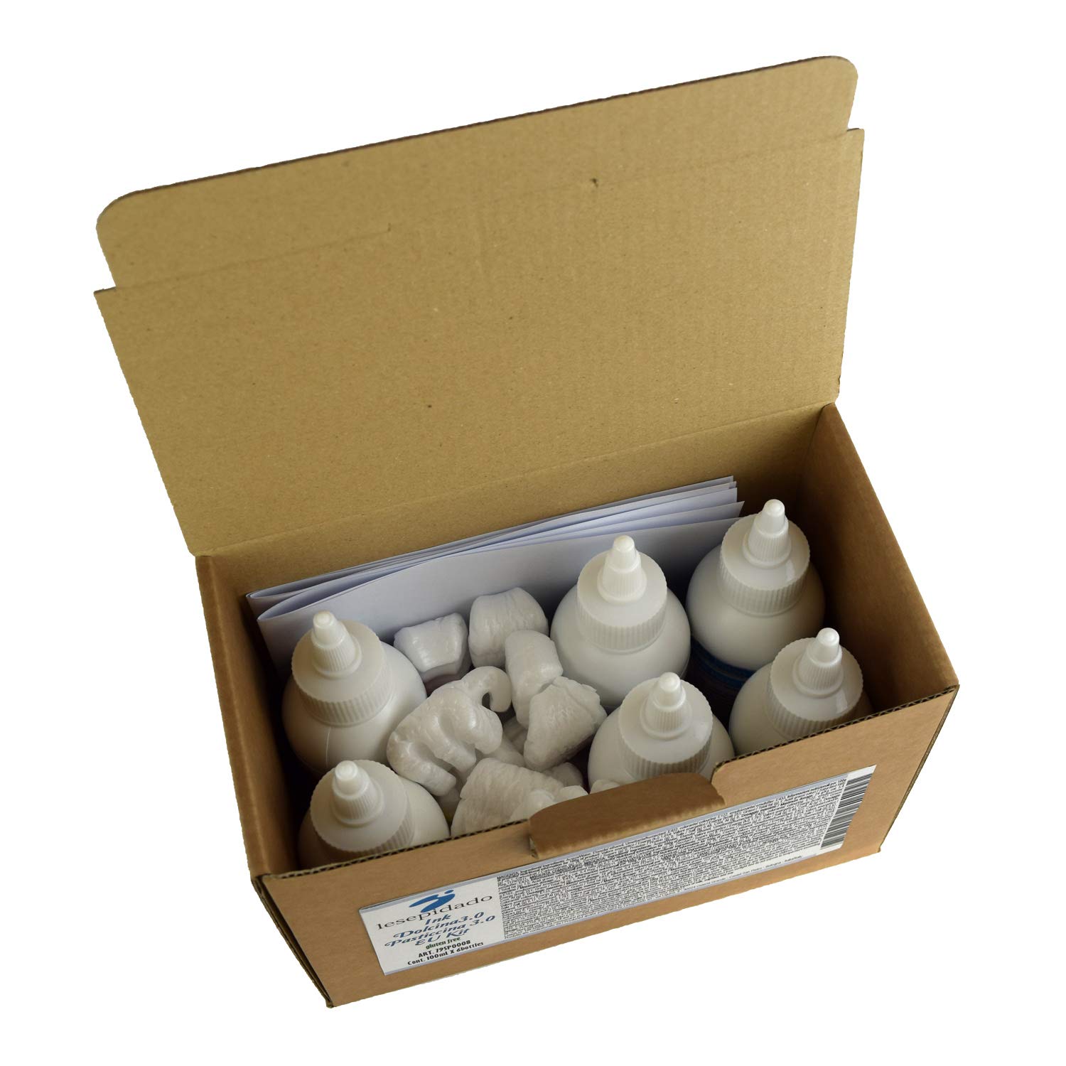 Kit di 6 inchiostri alimentari da 100 ml per stampanti alimentari Epson. Lesepidado. Magenta, Magenta chiaro, Ciano, Ciano chiaro, Giallo, Nero. Per tecnologia ink-jet.