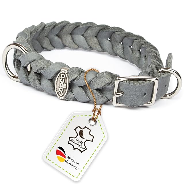 CopcoPet Collar para perro de piel engrasada, 35 - 39 cm x 15 mm, color gris - Collar de cuero trenzado