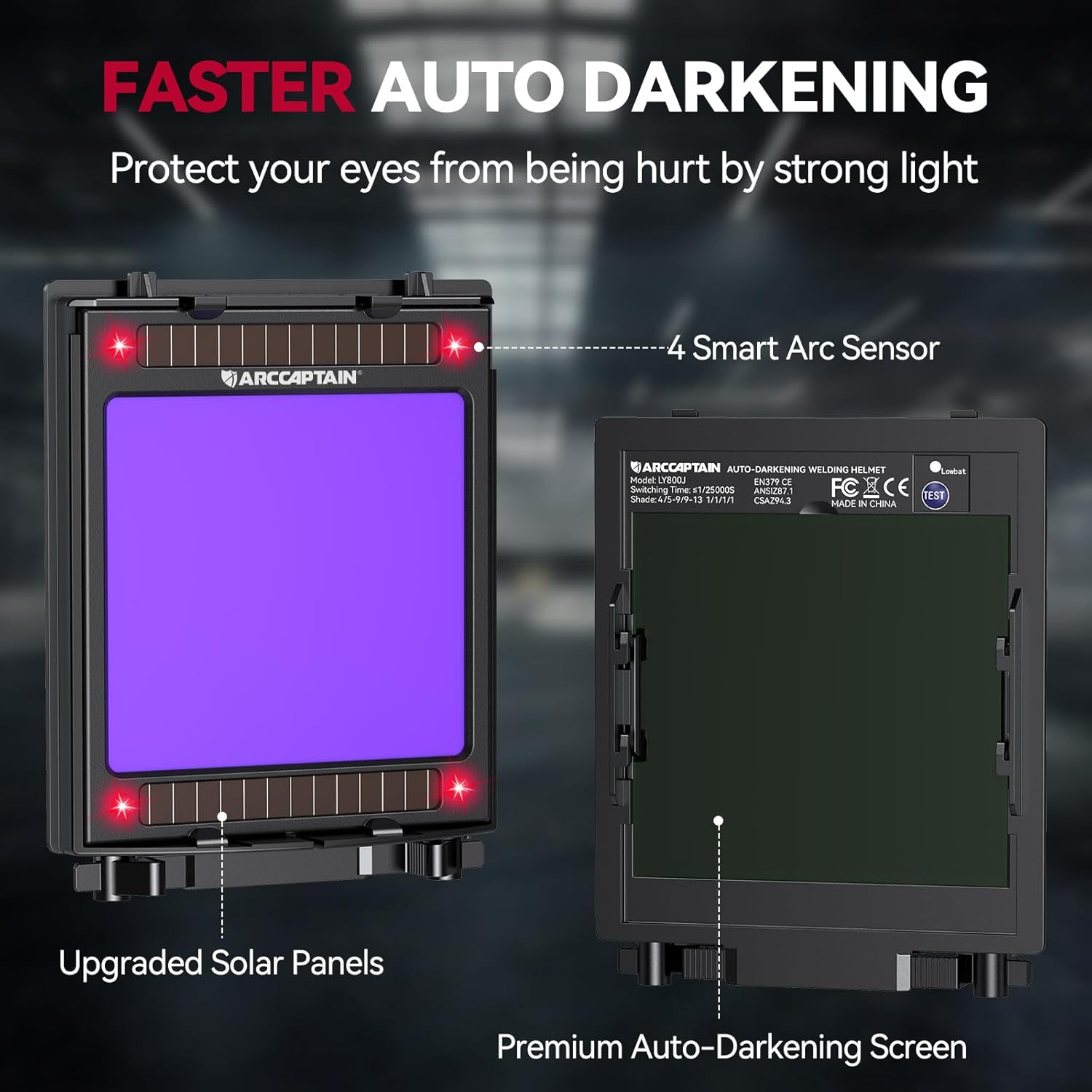 ARCCAPTAIN Large Viewing Screen 3.93"X3.66" Welding Helmet, True Color 1/1/1/1 Solar Power Auto Darkening Welding Hood with 4 Arc Sensor, Wide Shade 4/5-9/9-13 for TIG MIG ARC, Skeleton