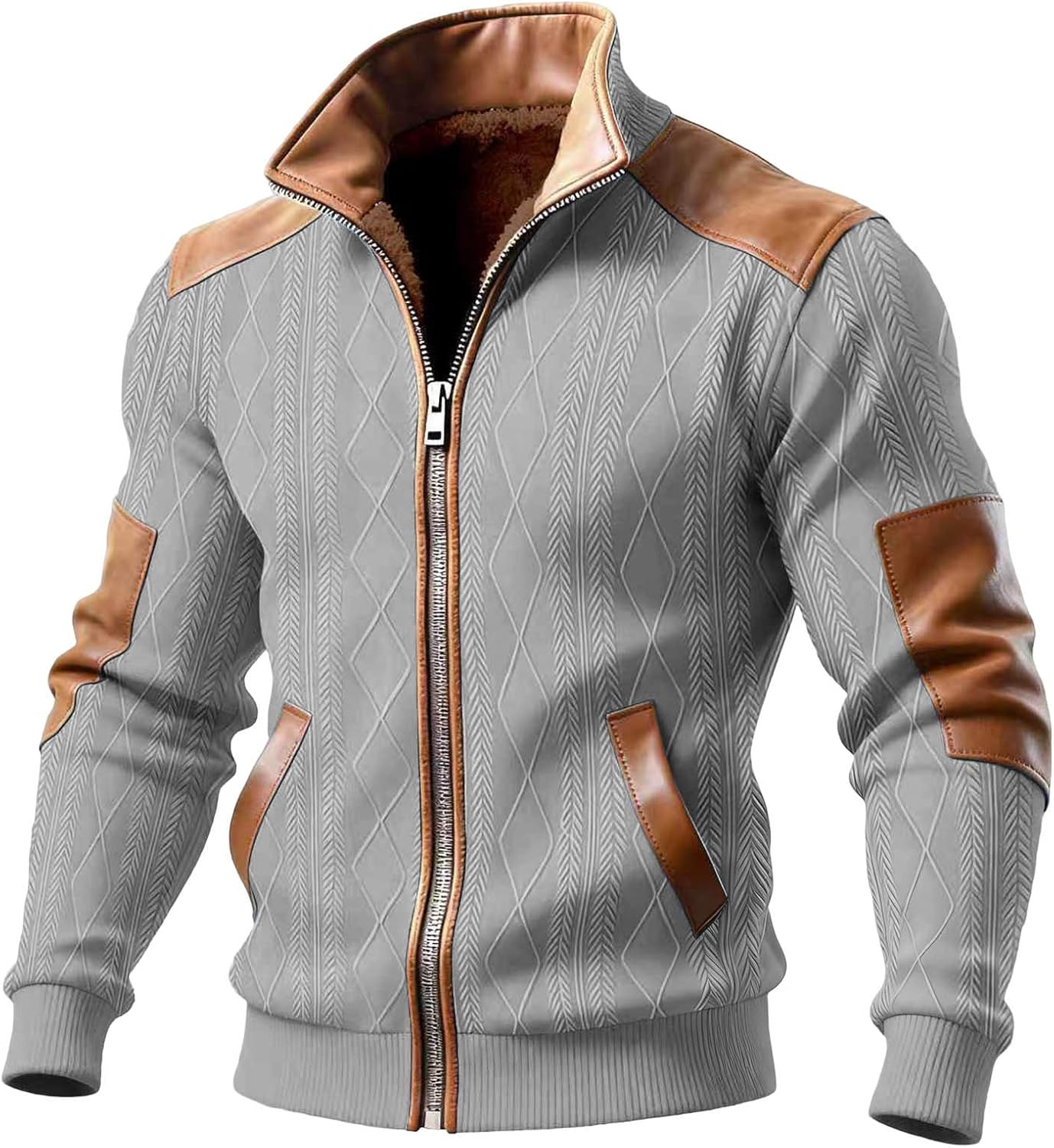 Fleece Jacket Men Jacquard Textured Full Zip Bomber Jackets Patchwork Stand Collar Color Block Coat for Casual Wear