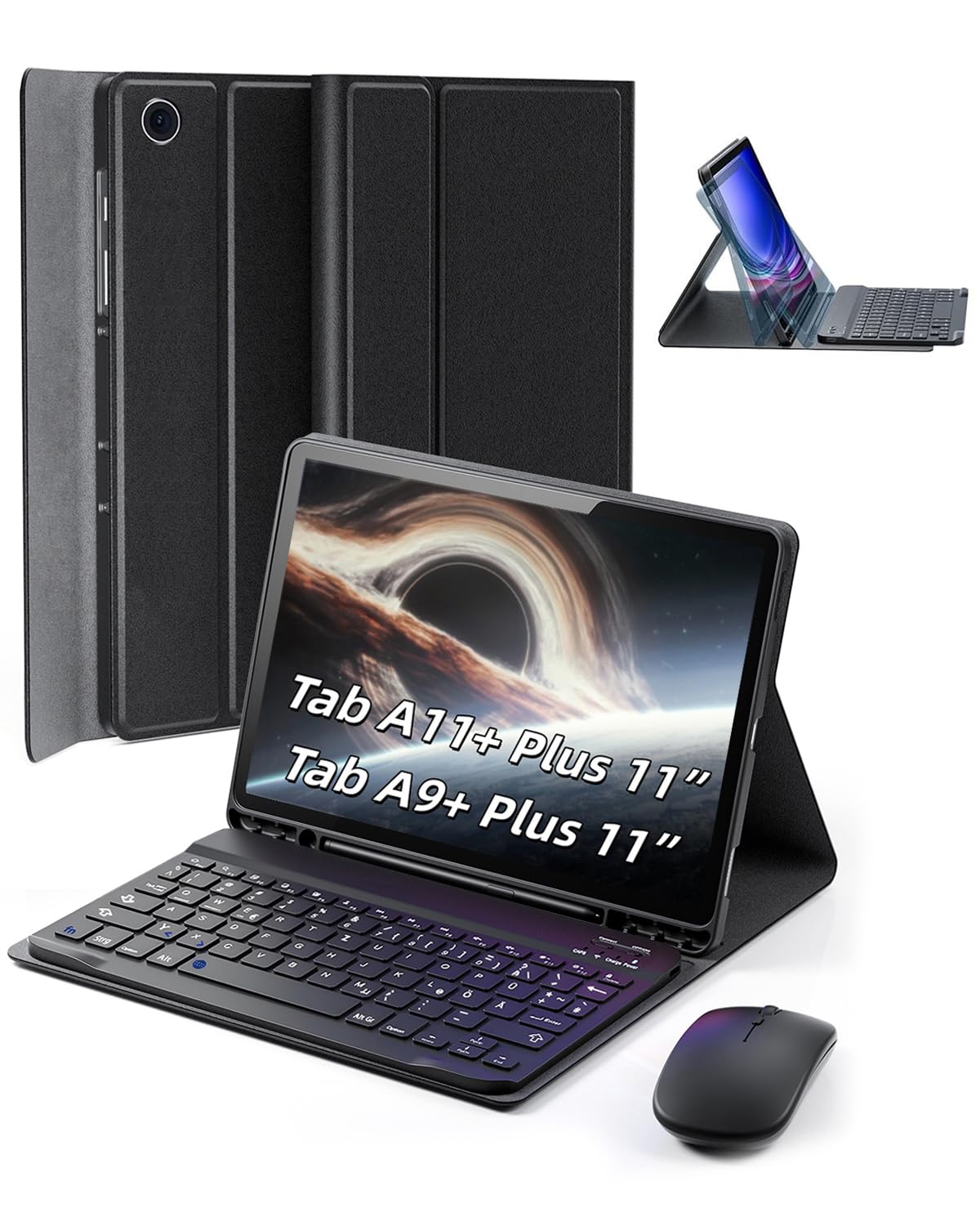 für Samsung Galaxy Tab A11+ PLUS (2025)/Tab A9+ Plus (2023) Hülle 11 Zoll mit aufladbarer kabellose Bluetooth Deutsche Zeichen Tastatur (QWERTZ) und Maus, Schlitzhülle Magnetisch Keyboard case Schwarz