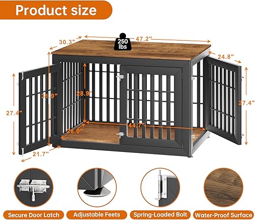 Miniatura 3 de Mueble resistente de 48 pulgadas para perros pequeños, medianos y grandes, jaula de madera rústica para perros, muebles de interior con parte