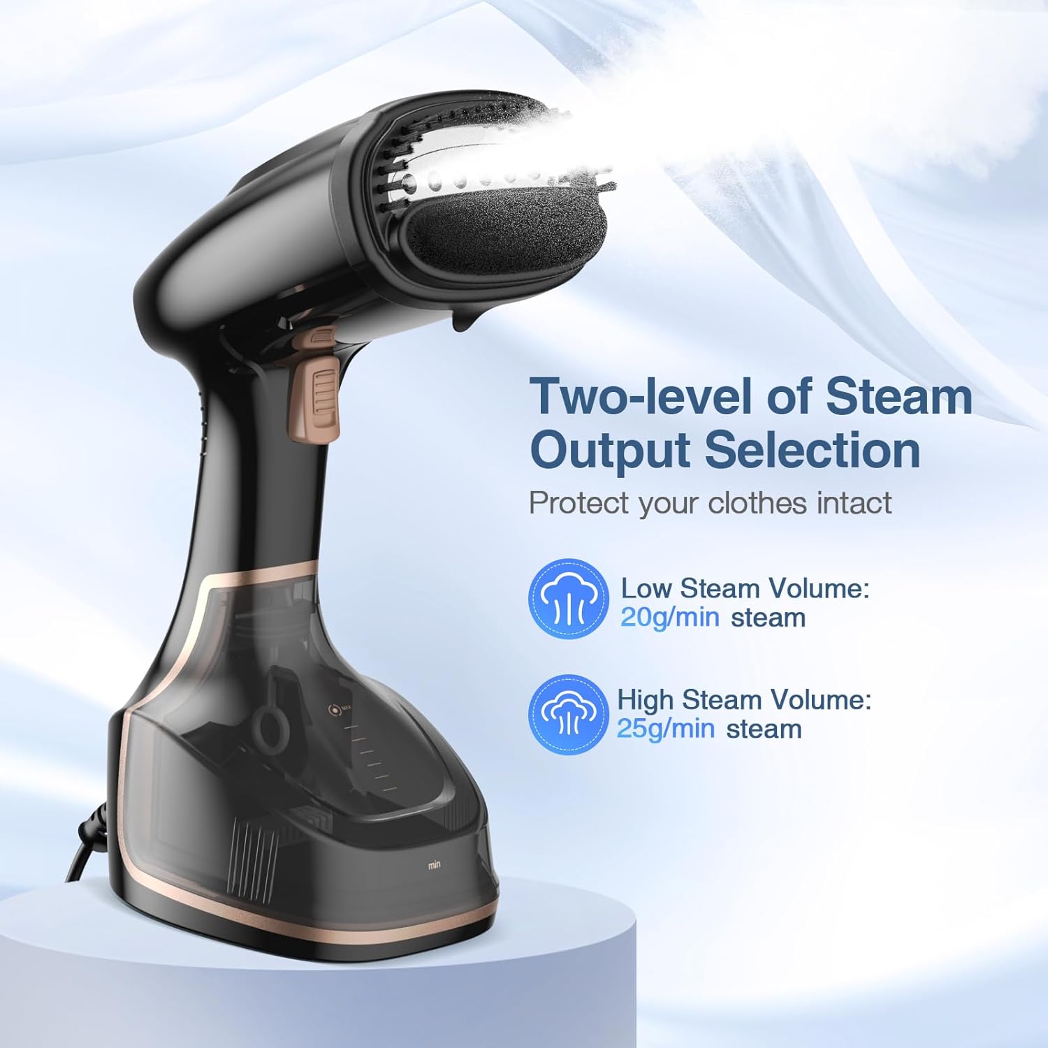 Sundu Handheld Garment Steamer showing two-level steam output selection: Low Steam Volume (20g/min) and High Steam Volume (25g/min).