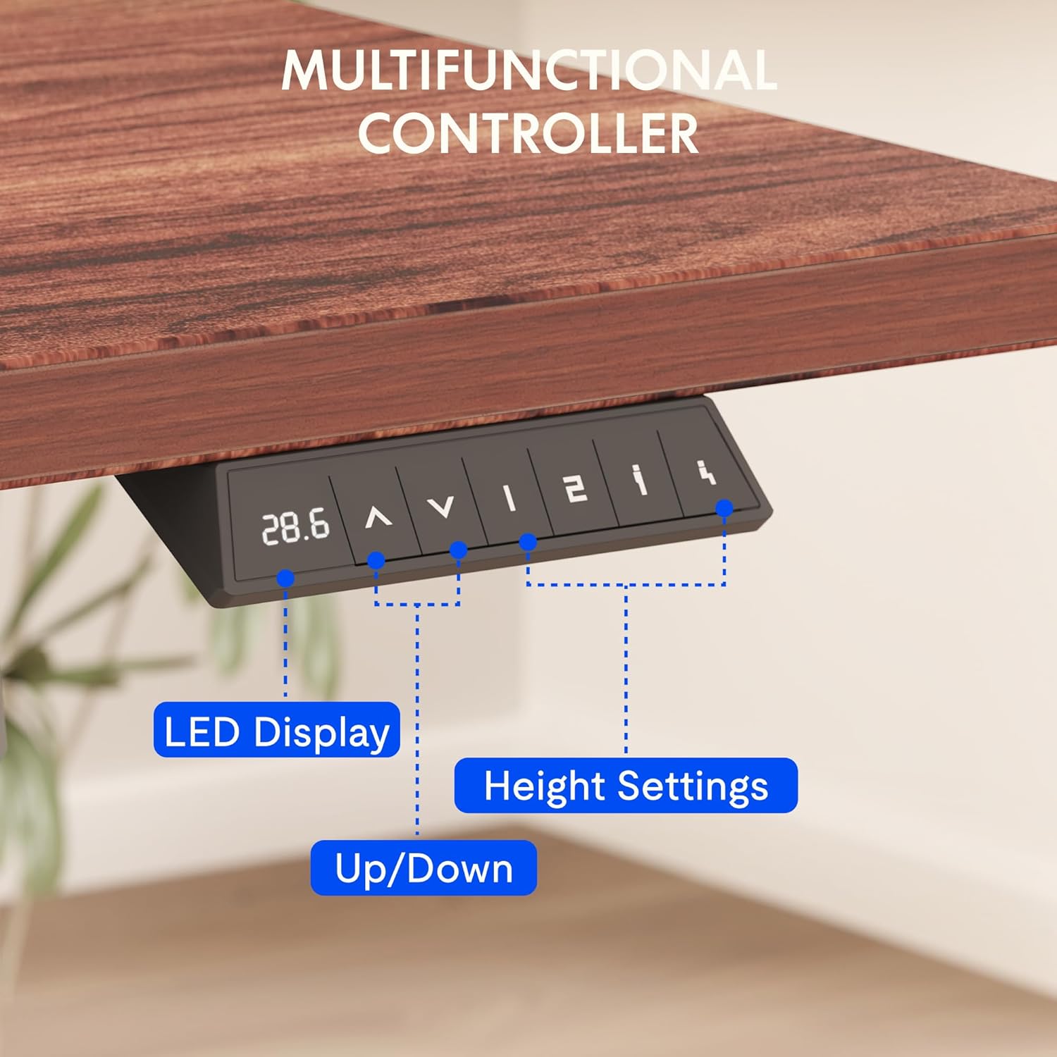 Diagram showing the dimensions of the desk table (48x24 inches), adjustable leg height (28.1-45.7 inches), power strip (up to 1.7 inch desk edge), and cable manager (15.75x7.09x4.72 inches).