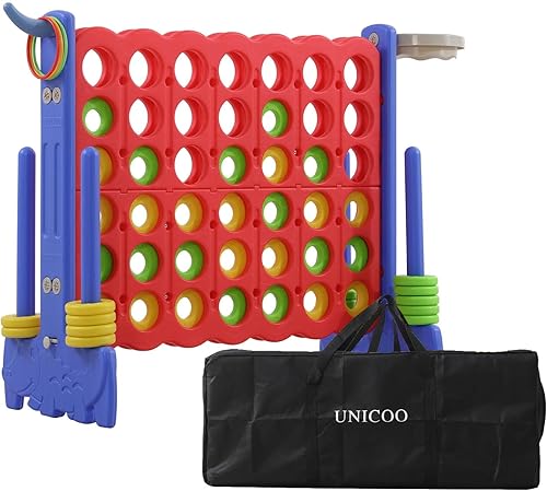UNICOO Juego gigante 4 en una fila con bolsa de transporte, aro de baloncesto, lanzamiento de anillo, juego de 4 en puntuación, patio grande al aire