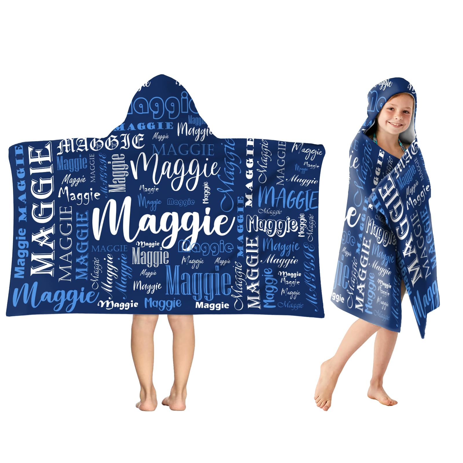 Hoomall Personalized Beach Towels for Kids 30"*50" Dark Blue Custom Name Kids Towel Unique Bath Towel with Hood Microfiber Quick-Dry Towel