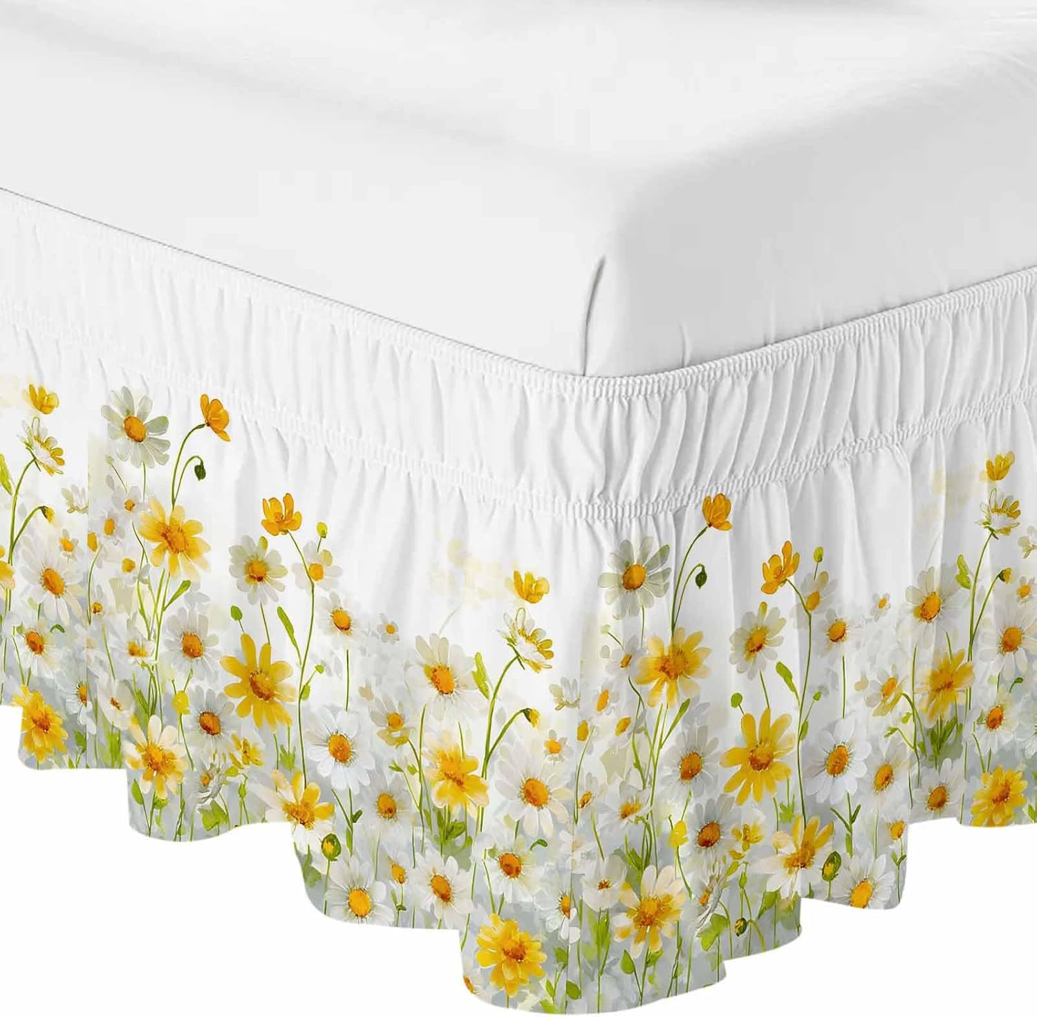 Yellow White Daisy Bed Skirt Queen Size 16 Inch Drop, Adjustable Elastic Bedskirt Dust Ruffle for Queen Bed, Farmhouse Garden Flowers Blossom Wrap Around Bed Skirts Luxurious Pleated Bed Frame Cover