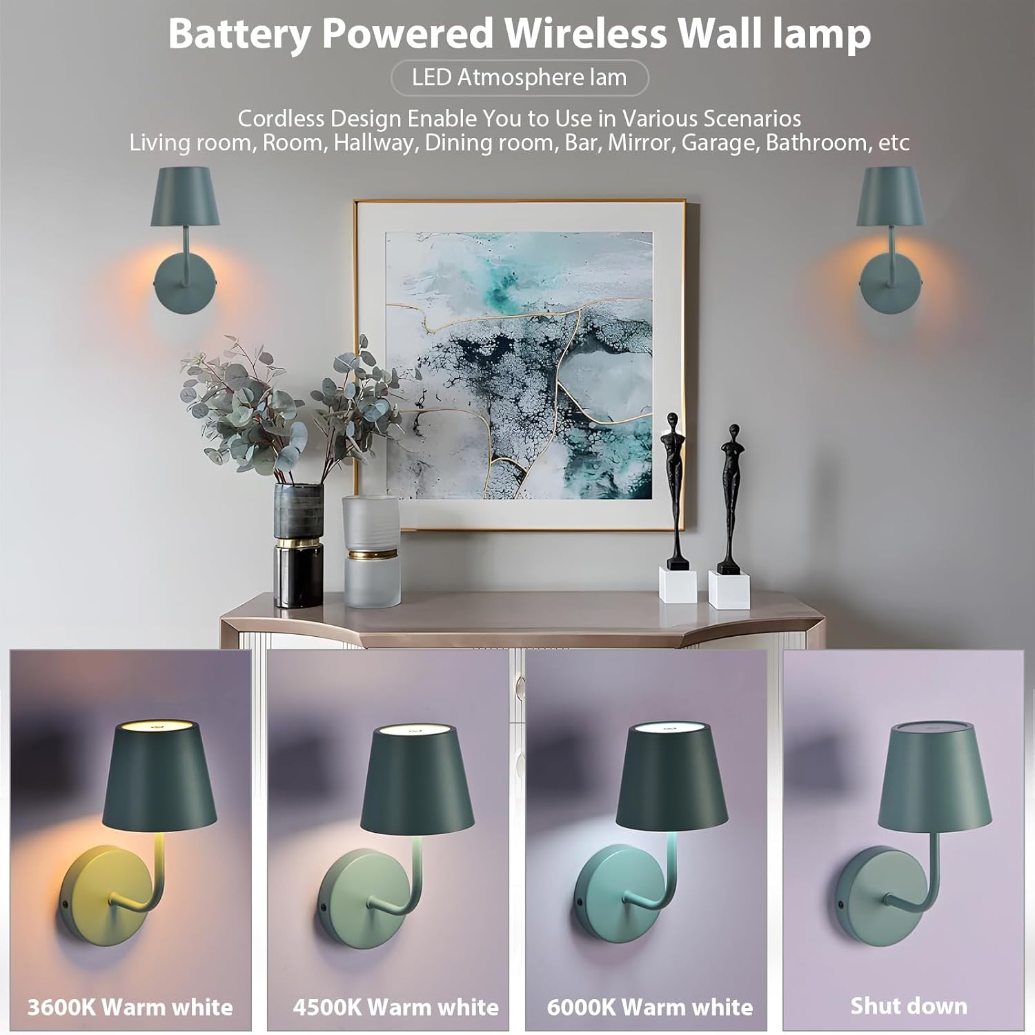 LED Wireless Wall Lamp Set of 2, with 5600mAh Rechargeable Battery Powered Wall Sconces, Touch for Remote Control Infinite Dimming Be Used for Bedroom Mirror Living Room Wall Painting(Blue)