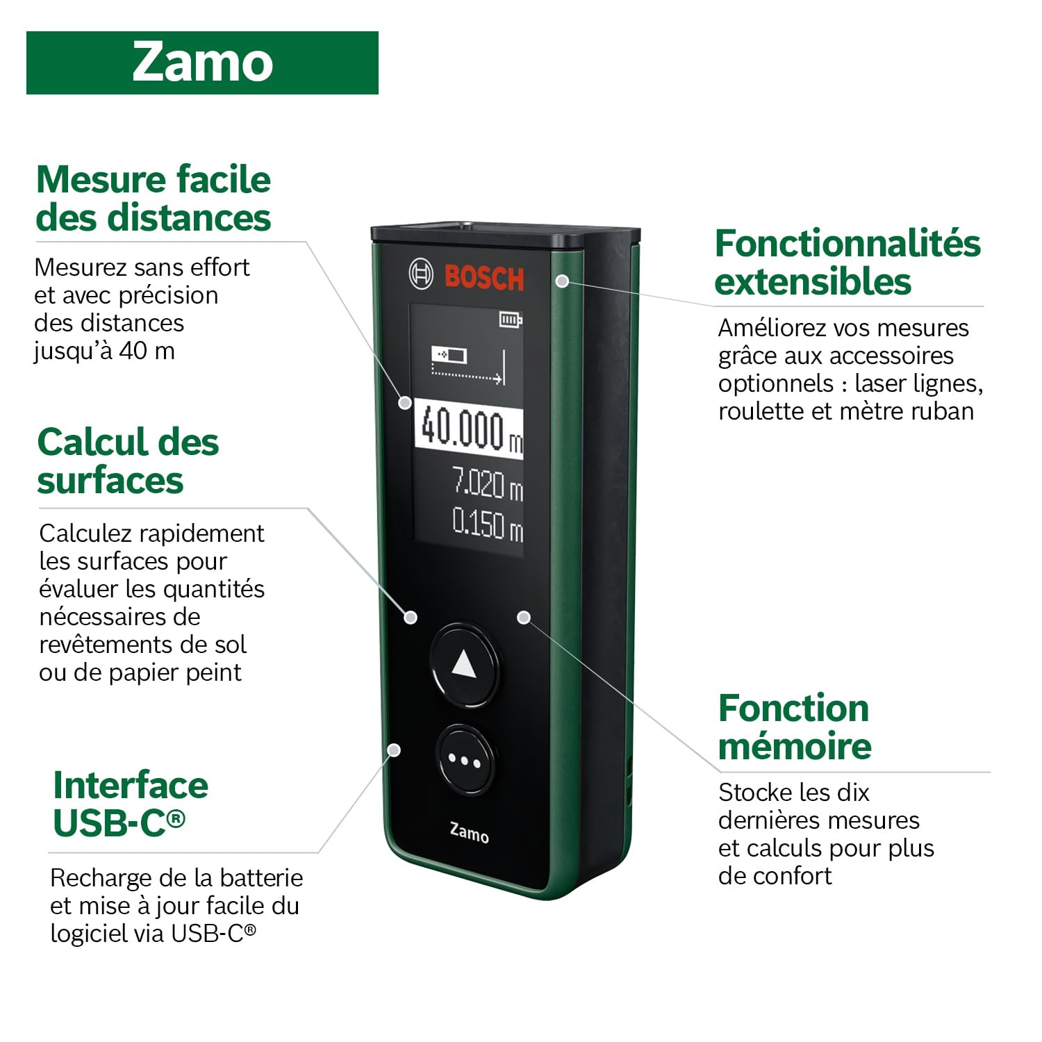 Bosch Télémètre Laser Zamo Set (portée jusqu’à 40 m, rechargeable USB‑C, mémorise 10 mesures, incl. adaptateurs ligne, roulette et ruban, piles AAA rechargeables et housse)