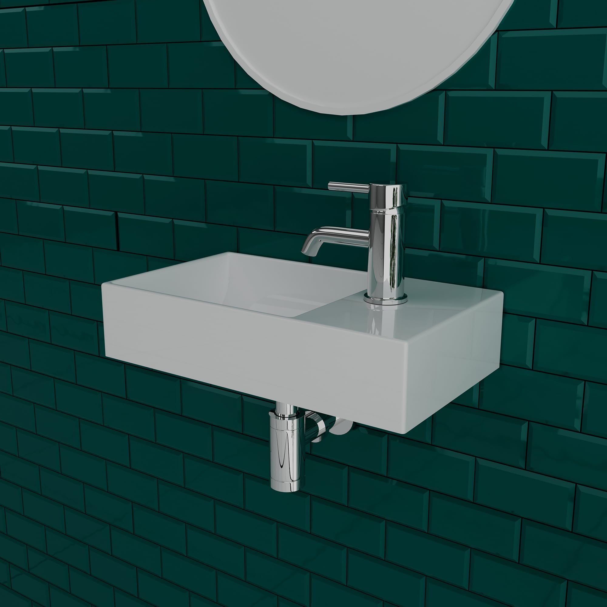 Alpenberger Mini Waschbecken Eckig | Badwaschbecken aus Sanitärkeramik mit Links Becken | Gästeklo Waschbecken zur Wandmontage | Badezimmer Waschtisch Rechteckig in Weiß mit Ablagefläche Rechts