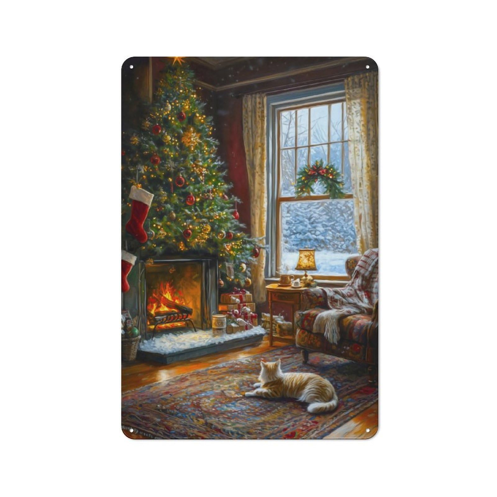Junmoney Cozy Christmas Fireplace Painting Vintage Tin Sign 30X20cm With For Guest Room Or Hallway, Suited To Wall Displays In Guest Rooms And Hallways