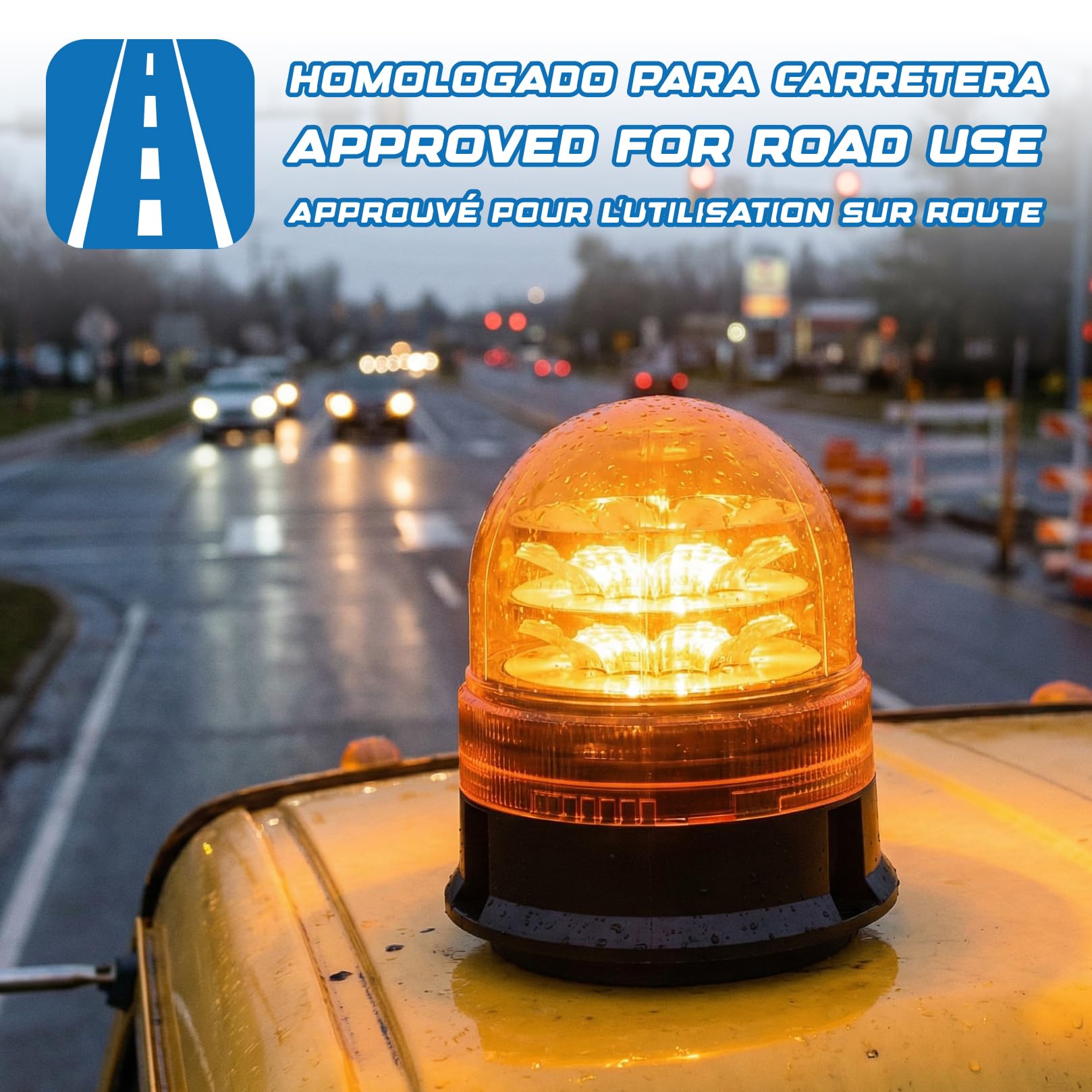 Rotativo Ambra LED R65 Segnalazione Avvertimento 12/24V - Omologato R65, 3 Funzioni Flash Rotazione Lampeggiante, Pirulo Trattore, Luce Emergenza Veicoli Agricoli, Base Magnete