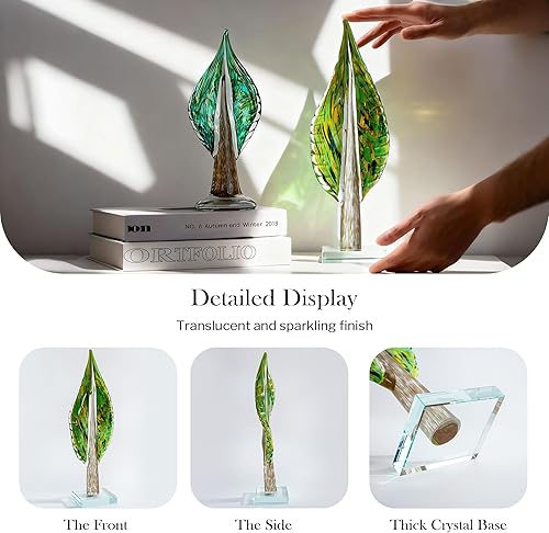 Miniatura 2 de QFkris Escultura de hoja de árbol de la vida de vidrio soplado para decoración del hogar, estatua decorativa de vidrio soplado a mano de 16 pulgadas