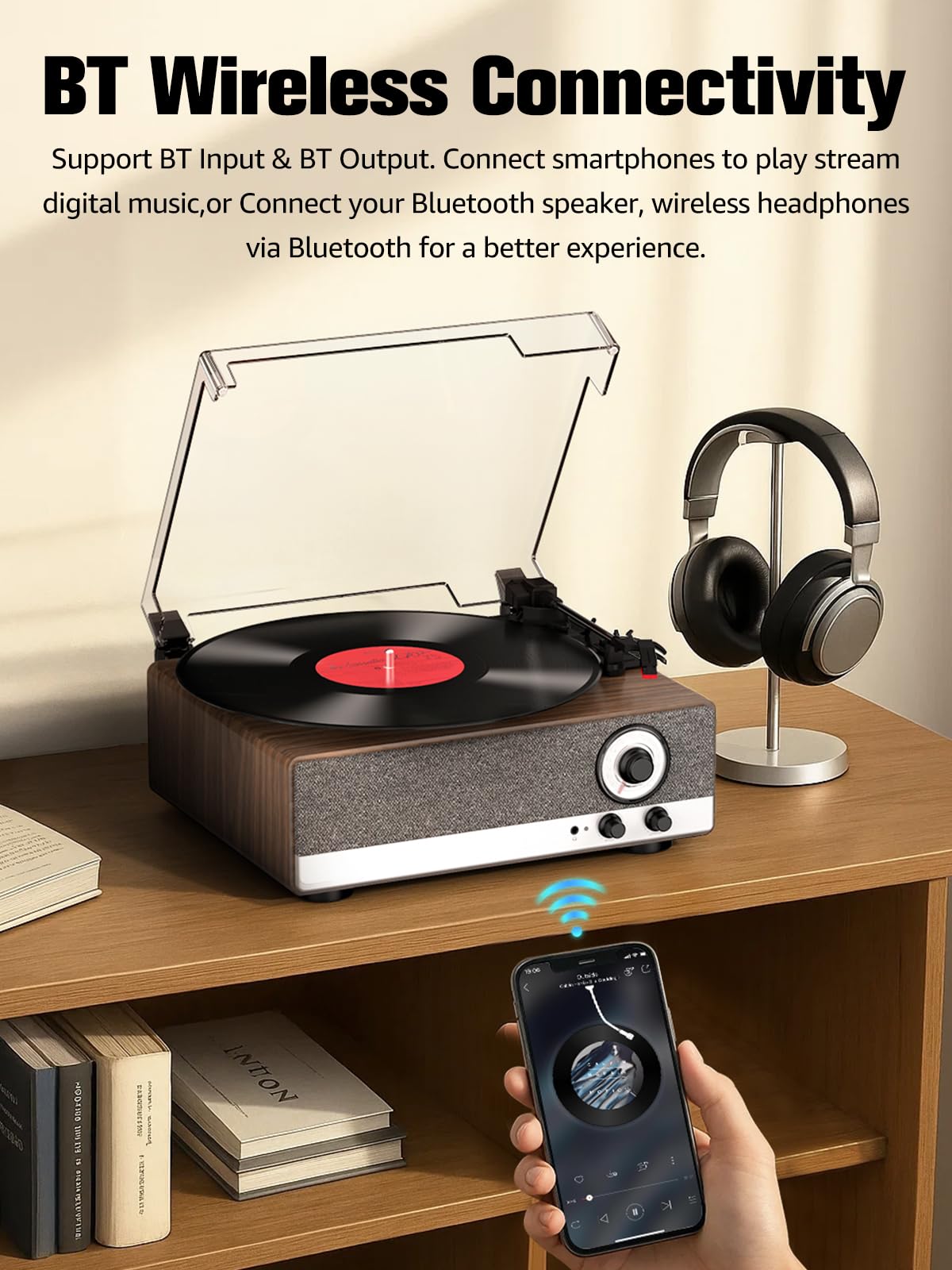 Giradischi in vinile 7 in 1 con altoparlanti integrati Bluetooth in & out trasmissione a cinghia 3 velocità giradischi per dischi in vinile supporto radio AM/FM, controllo del passo e uscita linea RCA