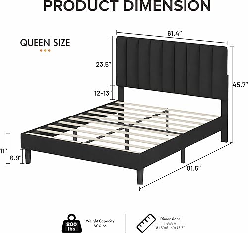 Miniatura 9 de Lonkwa Base de cama Queen con cabecera ajustable, plataforma tapizada de terciopelo verde, canal vertical acolchonado, listones de madera