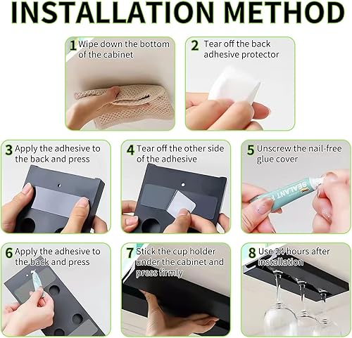 Miniatura 3 de Soporte para copas de vino debajo del gabinete, paquete de 2 estantes para copas de vino, sin perforaciones, soporte para copas de vino, soporte de