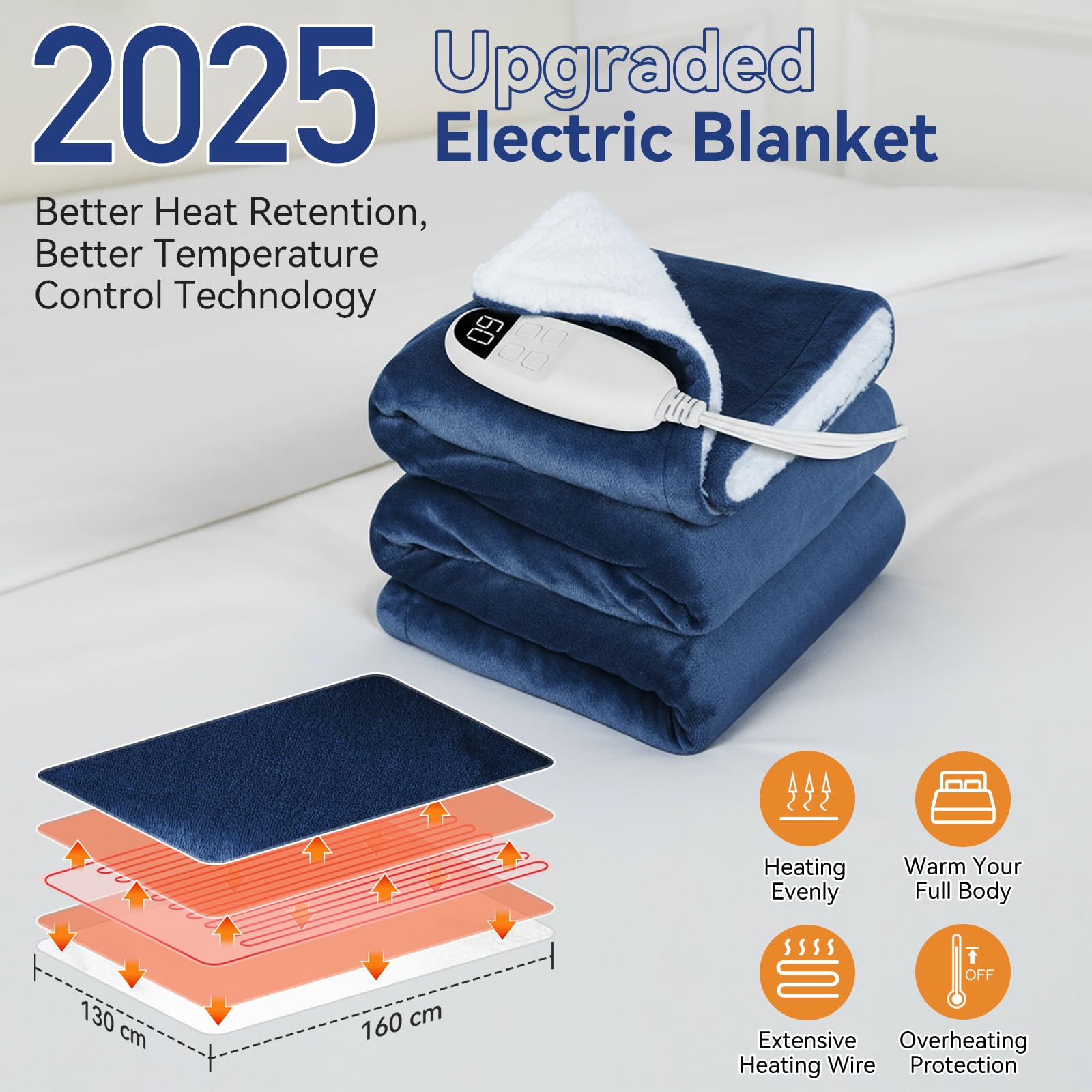 Qoosea Mantita Eléctrica 130x160cm Manta Eléctrica de Franela con 9 Niveles de Calor y 10 Horas de Apagado Automático, Lavable a Máquina Manta de Calefacción Rápido para Cama Sofá Oficina, Azul Marino