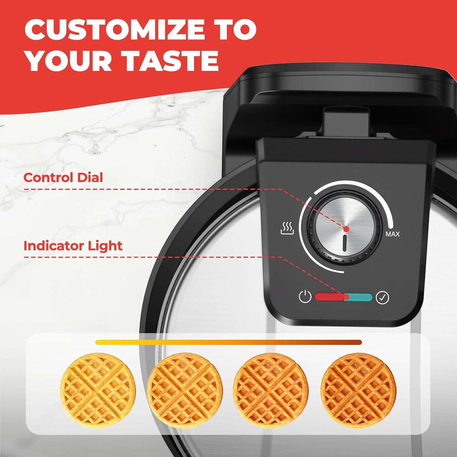 Waffle Maker, Rotating Belgian Waffle Maker, 180° Flip Waffle Iron, Non-Stick Plate, Adjustable Browning Control, Foldable Cool Touch Handle, Removable Drip Tray, Space Saving Storage, Stainless Steel