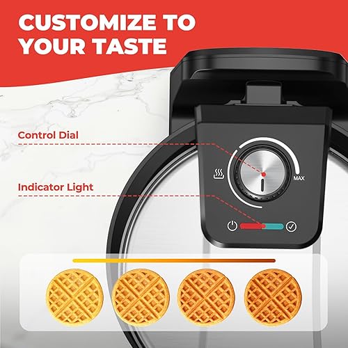 Miniatura 5 de Máquina de gofres belga giratoria, plancha para gofres abatible de 180, placa antiadherente, control de tostado ajustable, mango plegable al tacto,