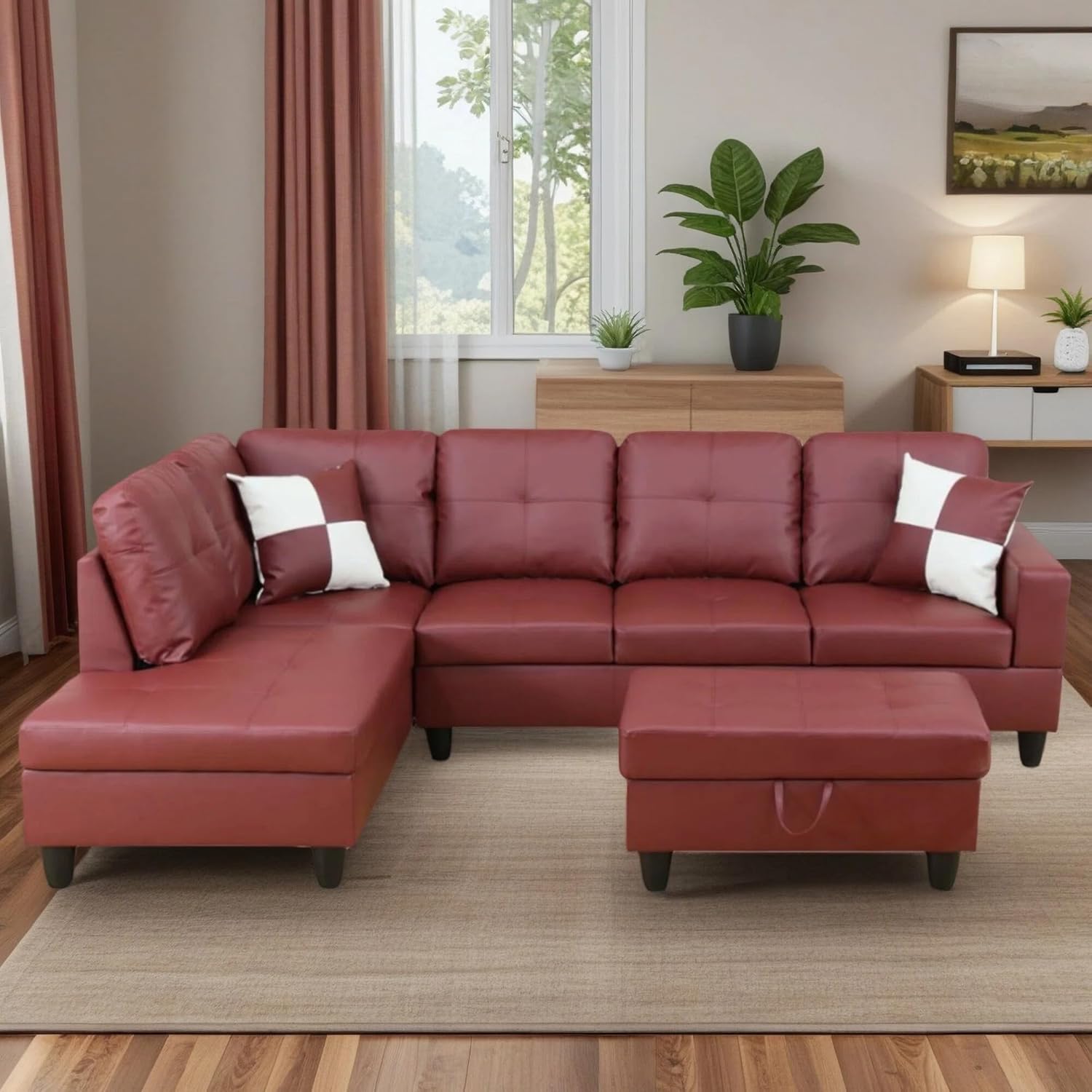 103.5" Sectional Couches for Living Room, Leather 4 Seat L Shaped Couch with Chaise, 3-Piece Modular Sofa with Storage Ottoman, Home Furniture Sets for Apartment Office, Dark Red